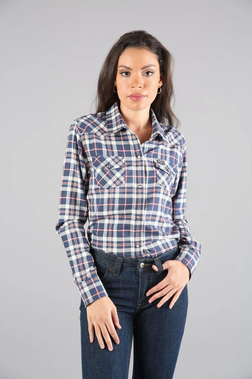 Kimes Ranch Womens San Mateo Flannel Blue Cotton blend L/S Shirt Micro Perforated Texture