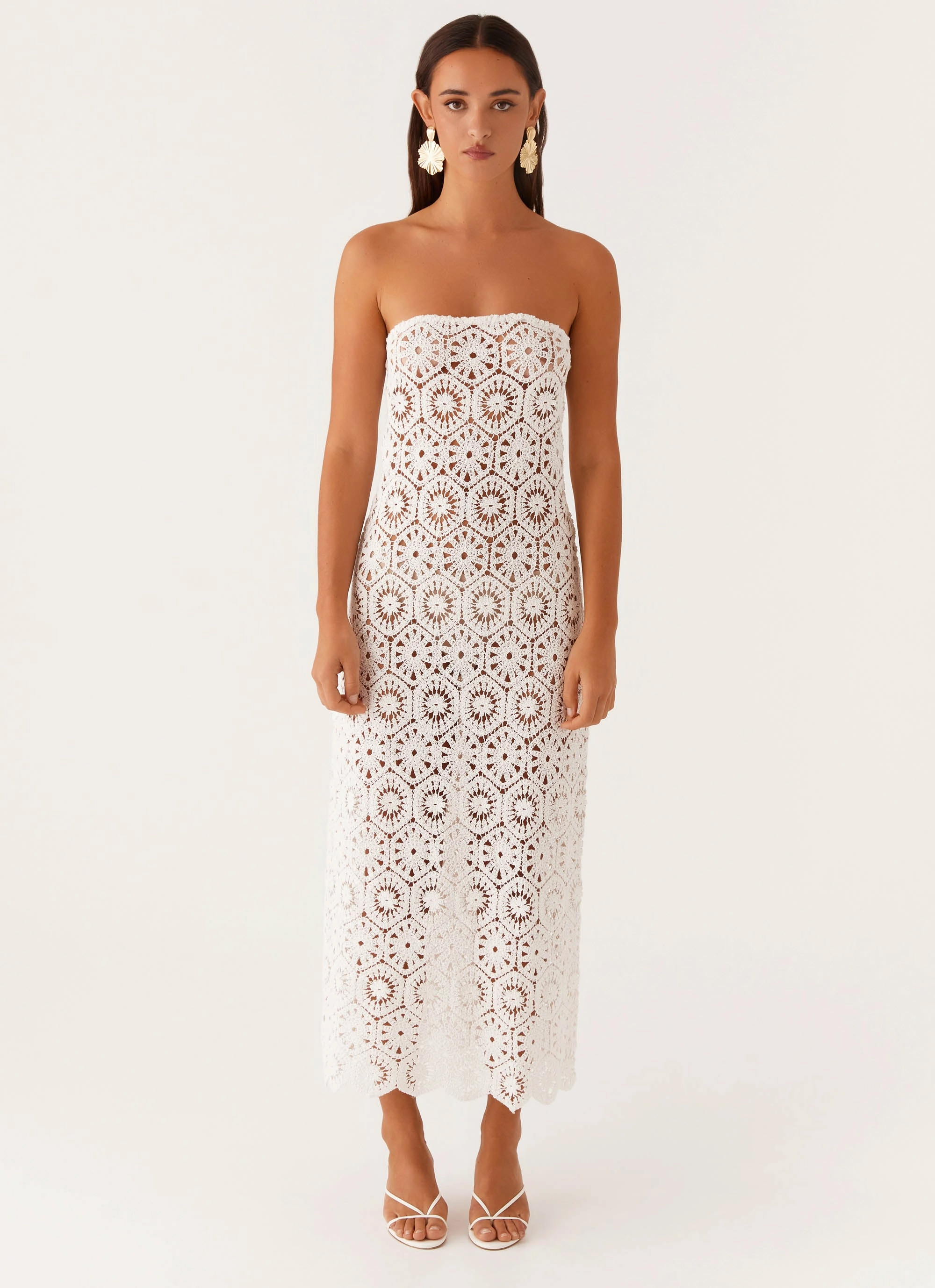 Kingsly Crochet Maxi Dress - White Elegant Finish