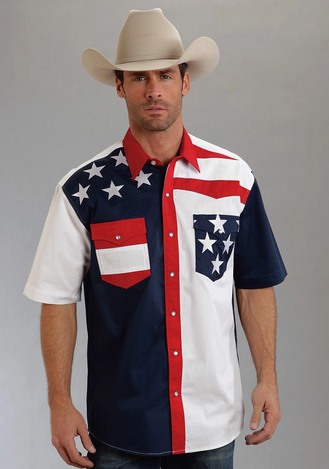 Inner Layer Roper Americana Mens Blue 100% Cotton S/S Colorblock Flag Snap Western Shirt
