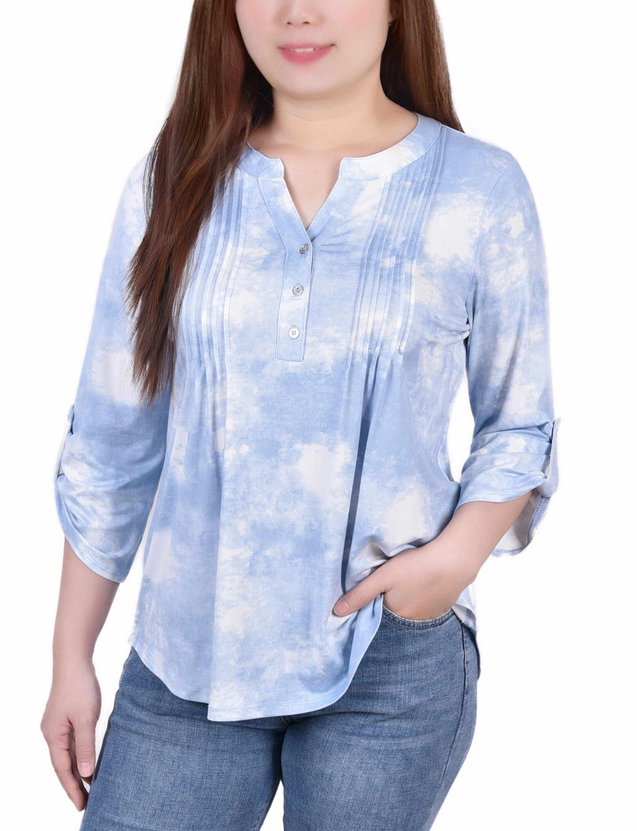 Four Way Stretch Design LanolinFree Wool Processing Knit Jacquard 3/4 Sleeve Roll Tab Top