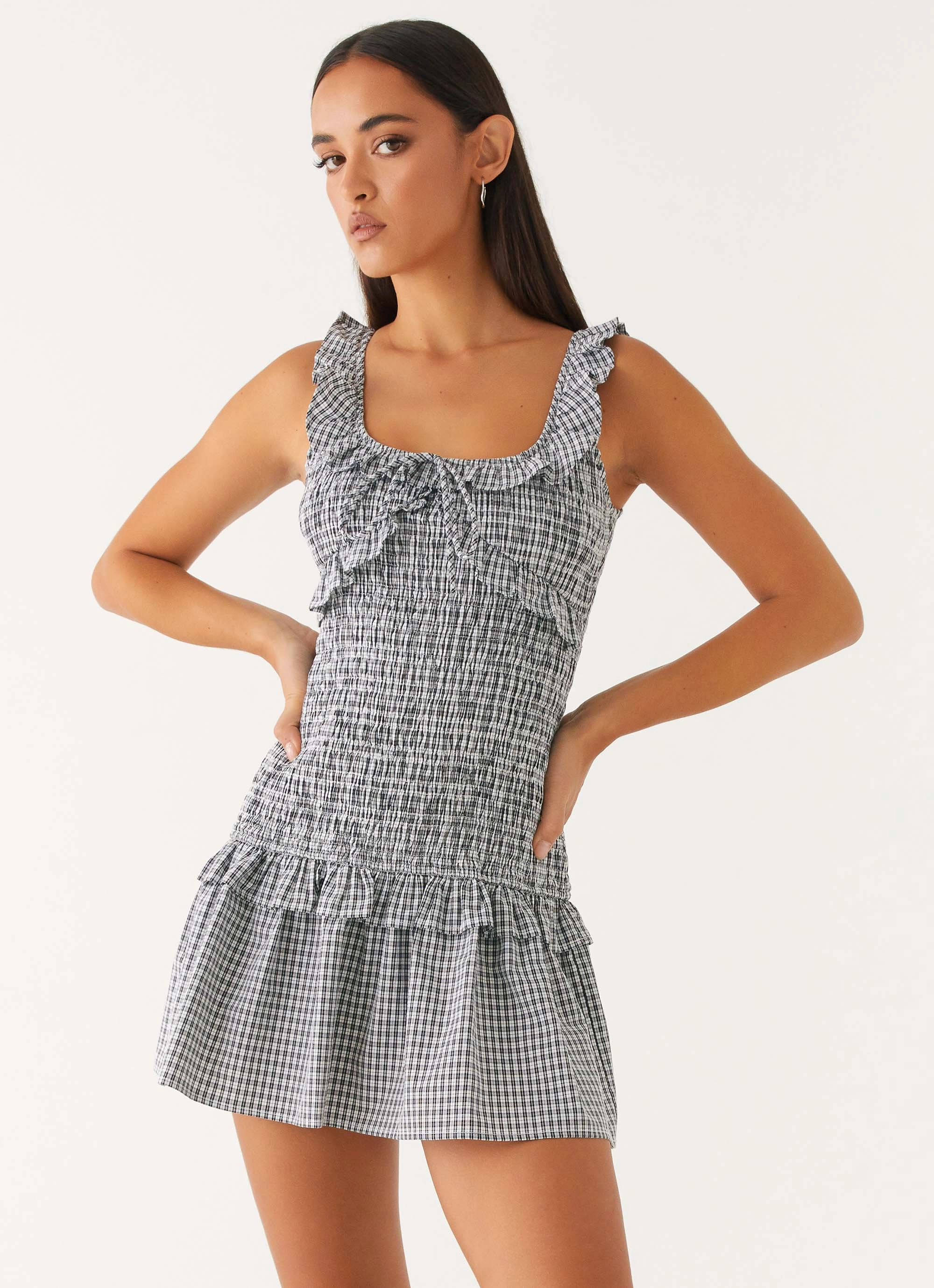 Mali Shirred Mini Dress - Checker Contrasting Detail Lined interior