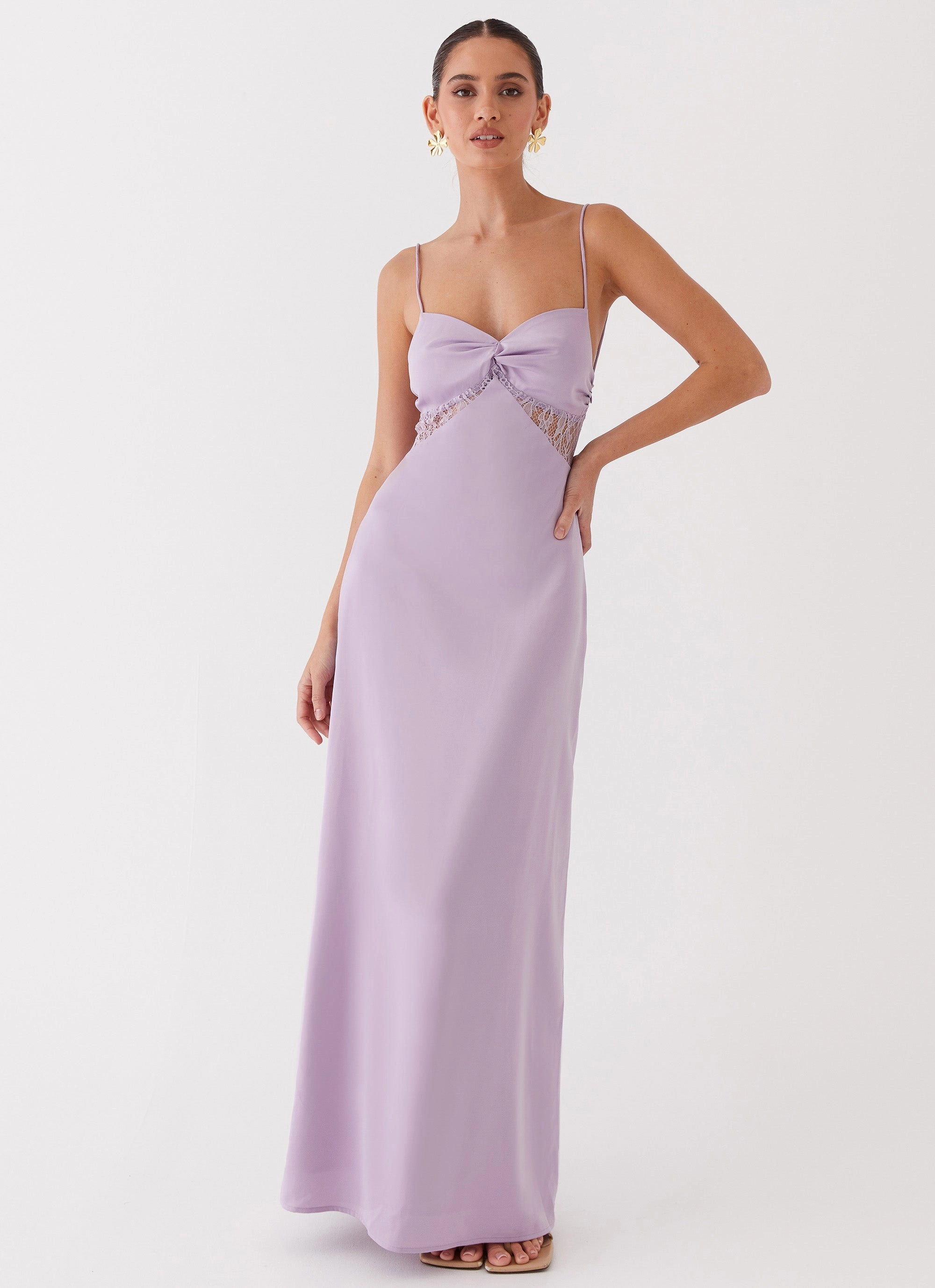 Fashionable Cut Airy Weave Dream Sight Lace Satin Maxi Dress - Lilac
