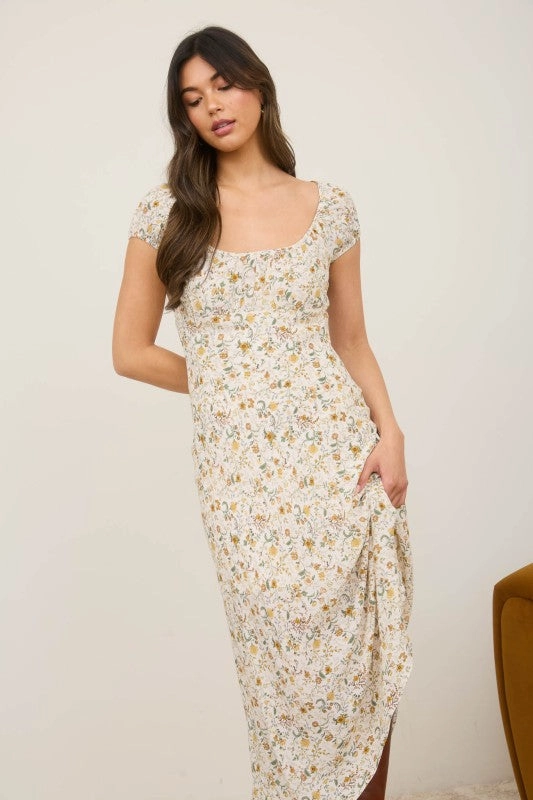 Kora Floral Scoop Neck Ruched Short Sleeve Midi Dress V-Neck Modern-style