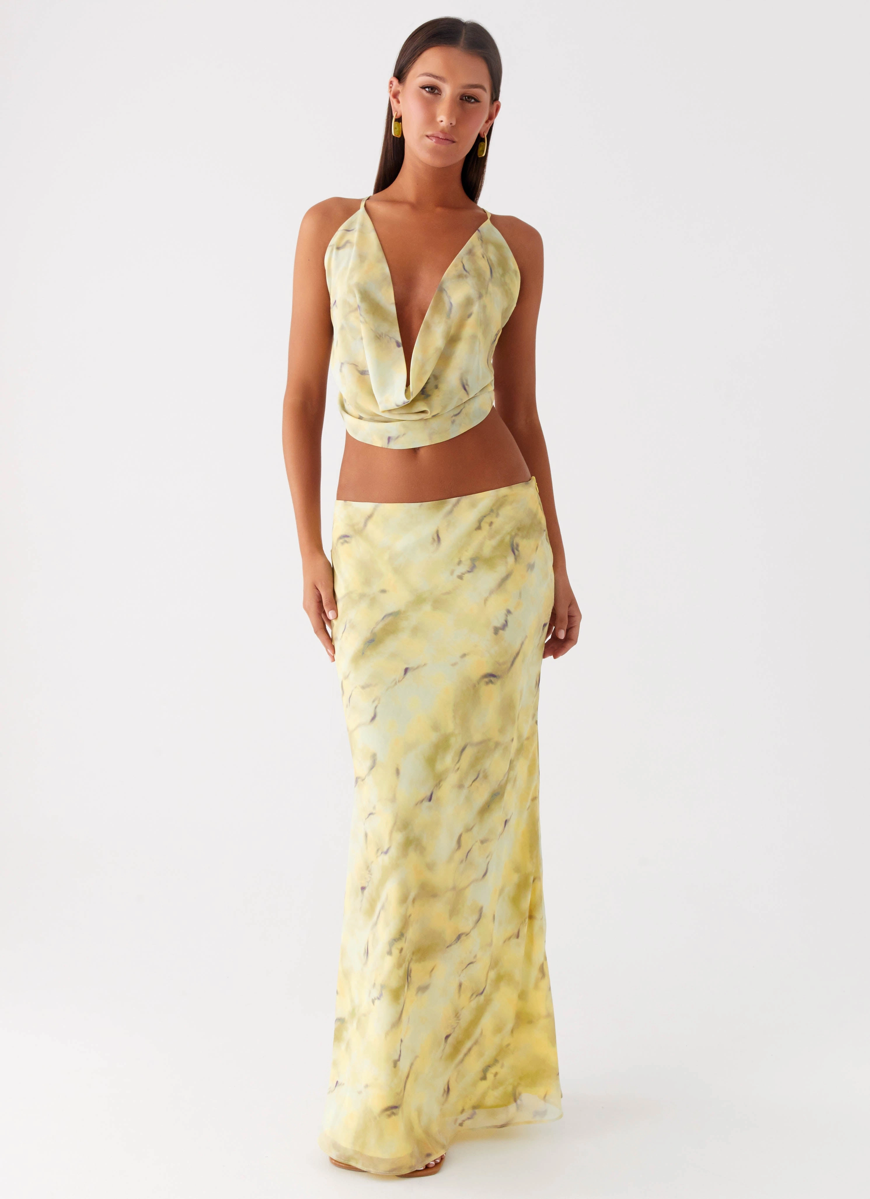 Ankle length Fitted Cut Kylo Cowl Top - Yellow Tie Dye