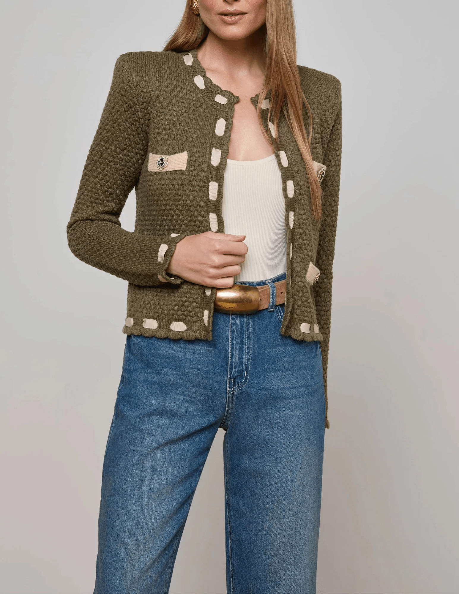 L'AGENCE Astor Contrast Trim Cardigan in Army Biscuit Effortless Layer