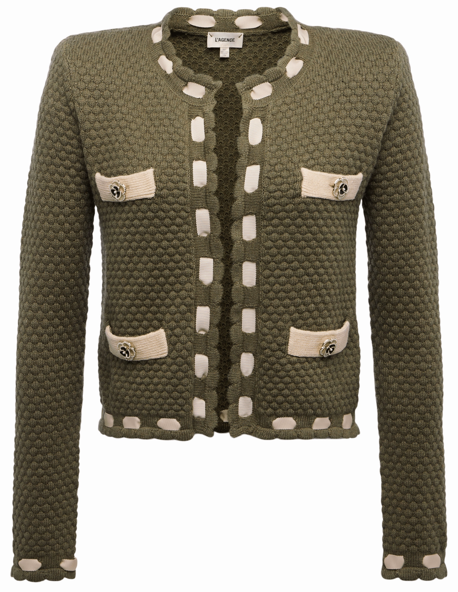 Cold-Weather Essential L'AGENCE Astor Contrast Trim Cardigan in Army Biscuit