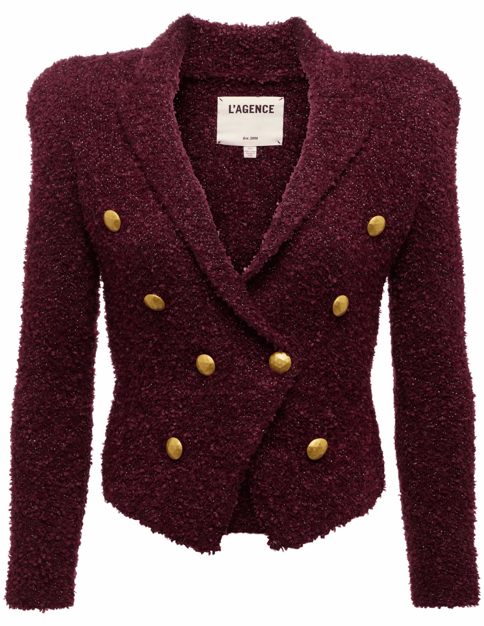 L'AGENCE Bethany Knit Tapered Blazer in Dark Syrah Gold Plush Inner Lining Relaxed Wearable