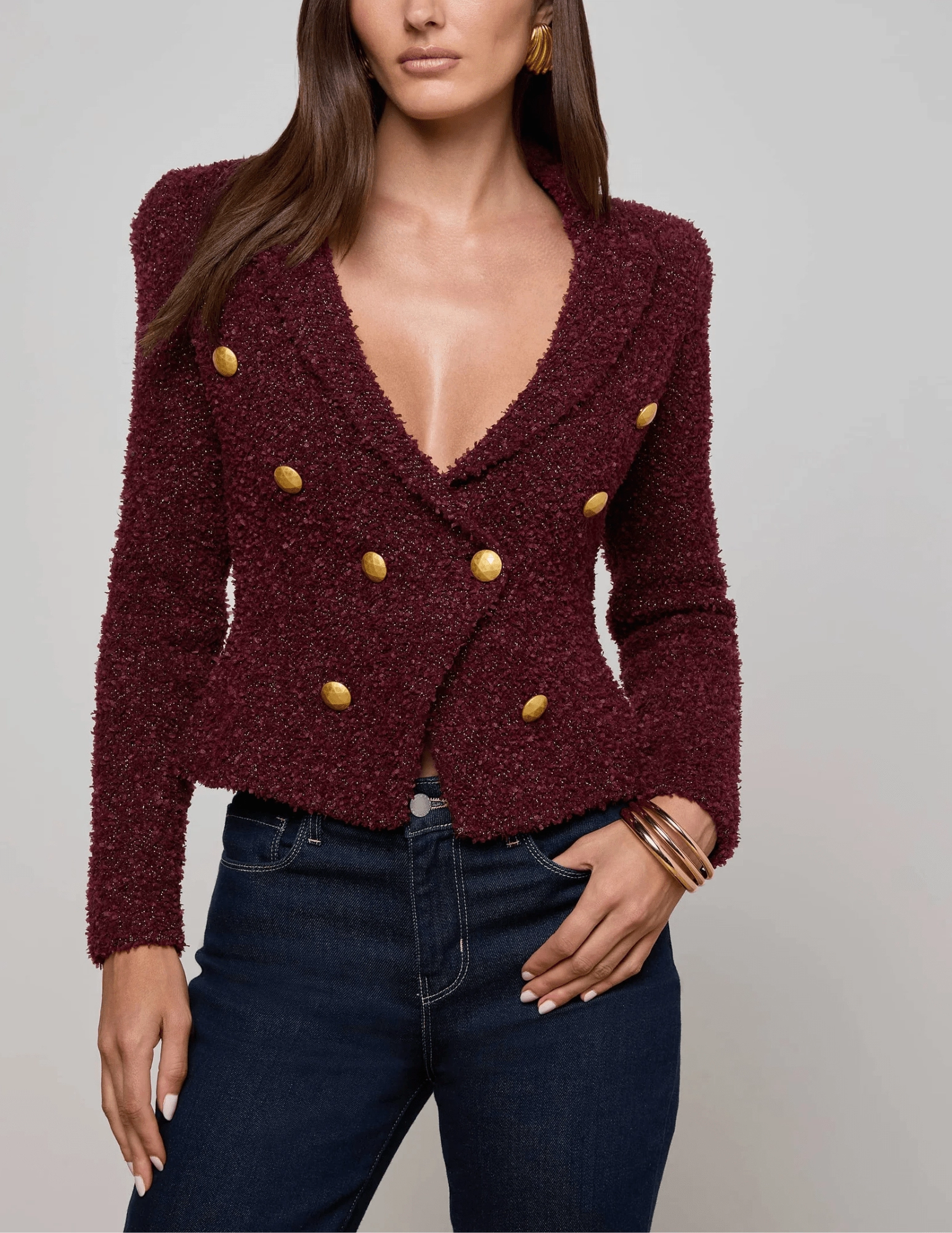 L'AGENCE Bethany Knit Tapered Blazer in Dark Syrah Gold Knit Design Wear Long Lasting Elasticity
