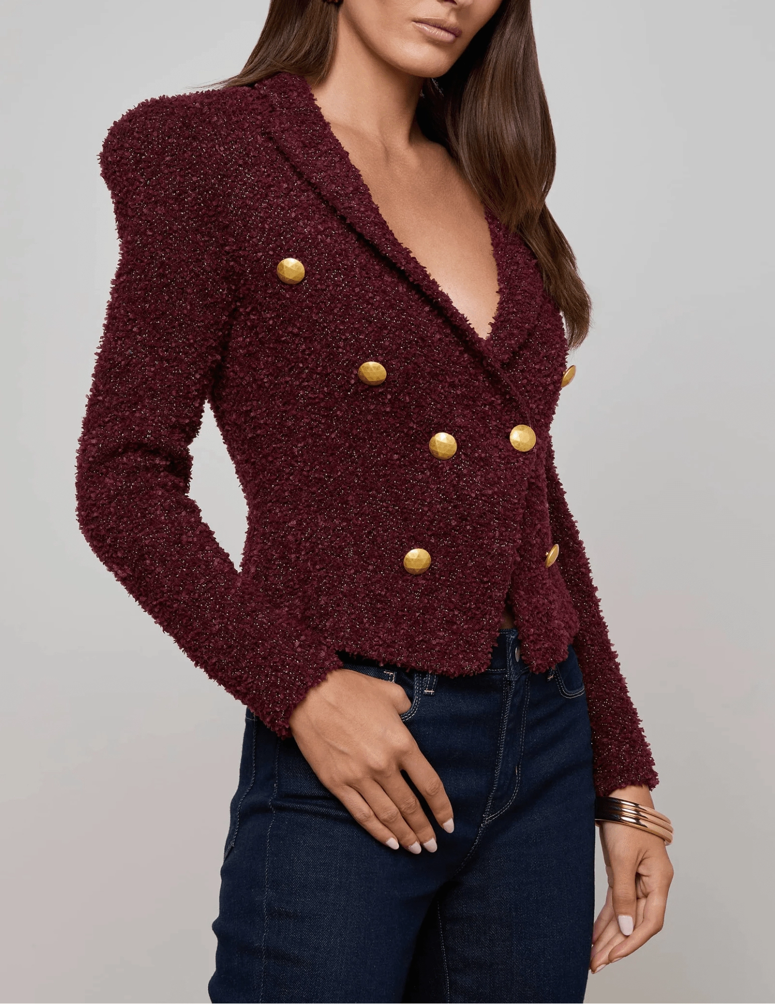 Comfy Touch L'AGENCE Bethany Knit Tapered Blazer in Dark Syrah Gold