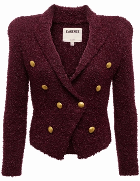 L'AGENCE Bethany Knit Tapered Blazer in Dark Syrah Gold Plush Inner Lining Relaxed Wearable