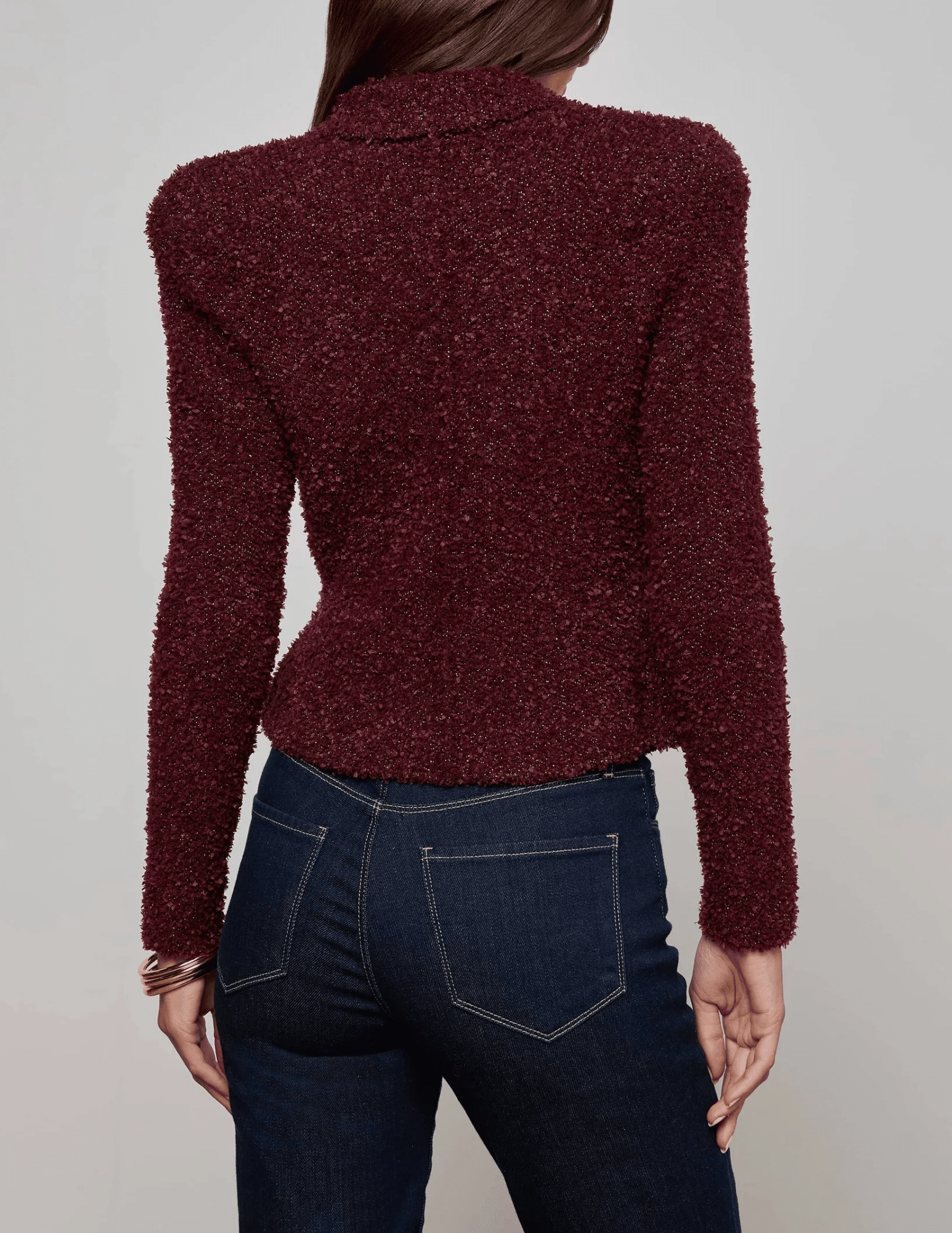 L'AGENCE Bethany Knit Tapered Blazer in Dark Syrah Gold Breathable Wool