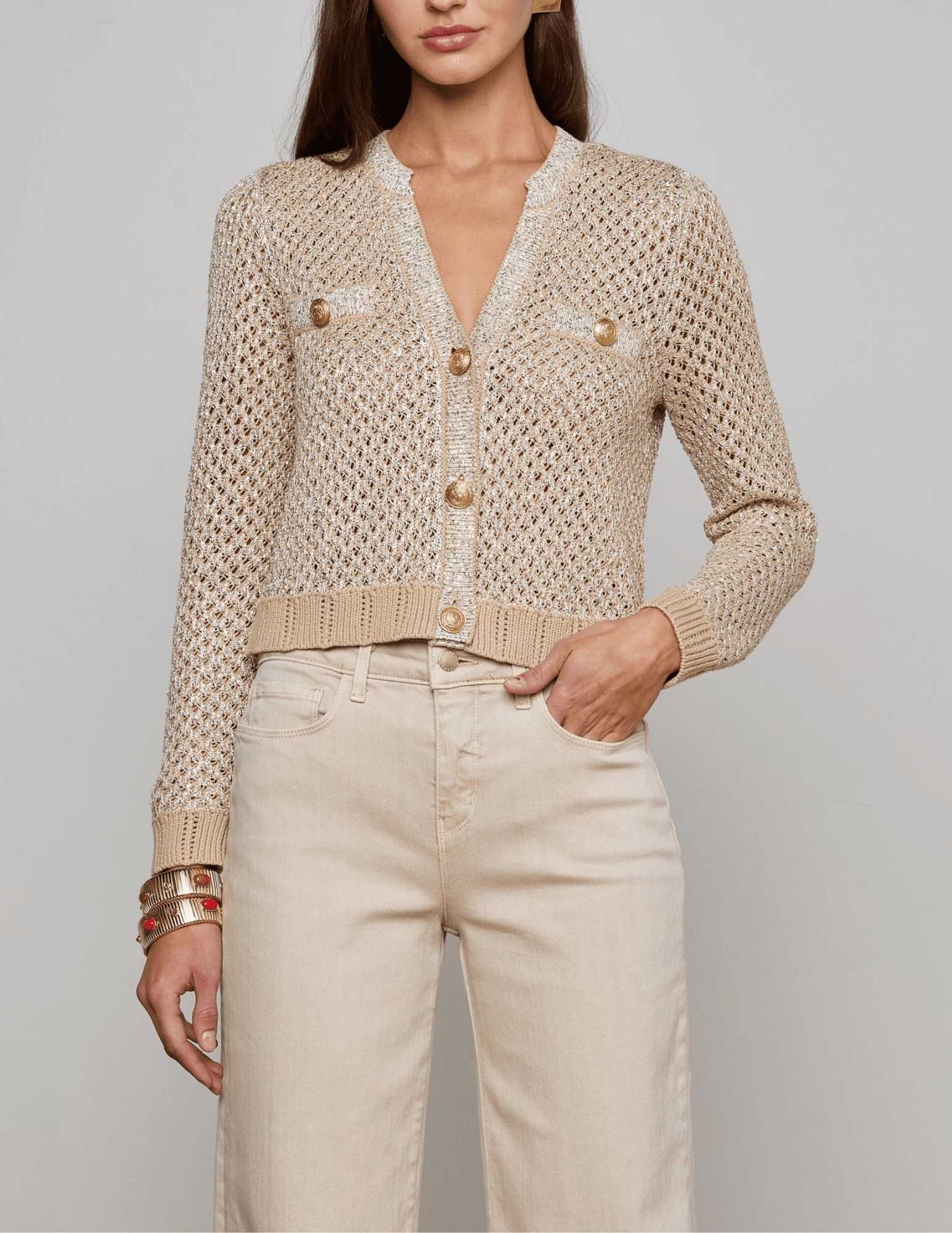 Soft Comfort Cold-Weather Layer L'AGENCE Blanca Sequin Cropped Sequin Cardigan