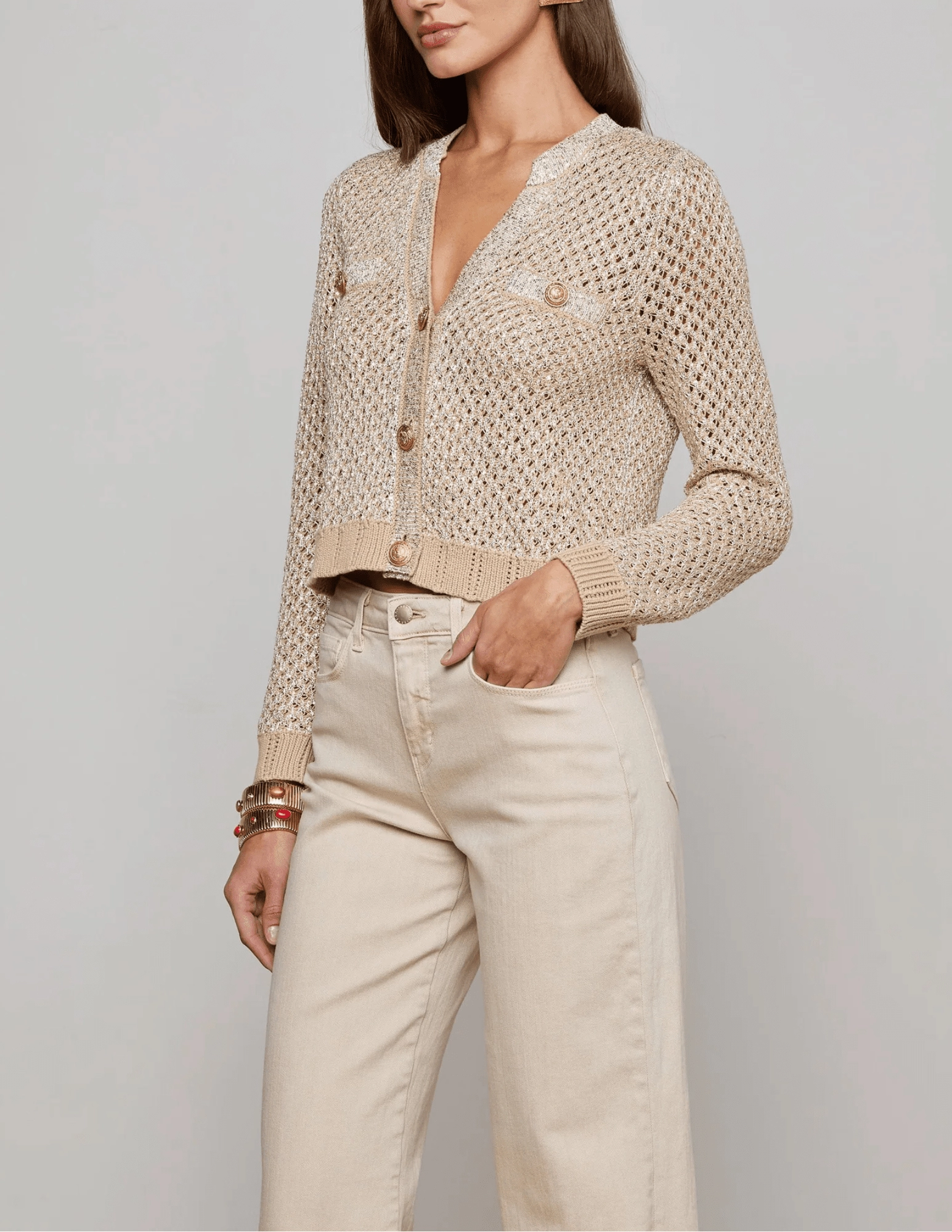 Lightweight Thermal L'AGENCE Blanca Sequin Cropped Sequin Cardigan