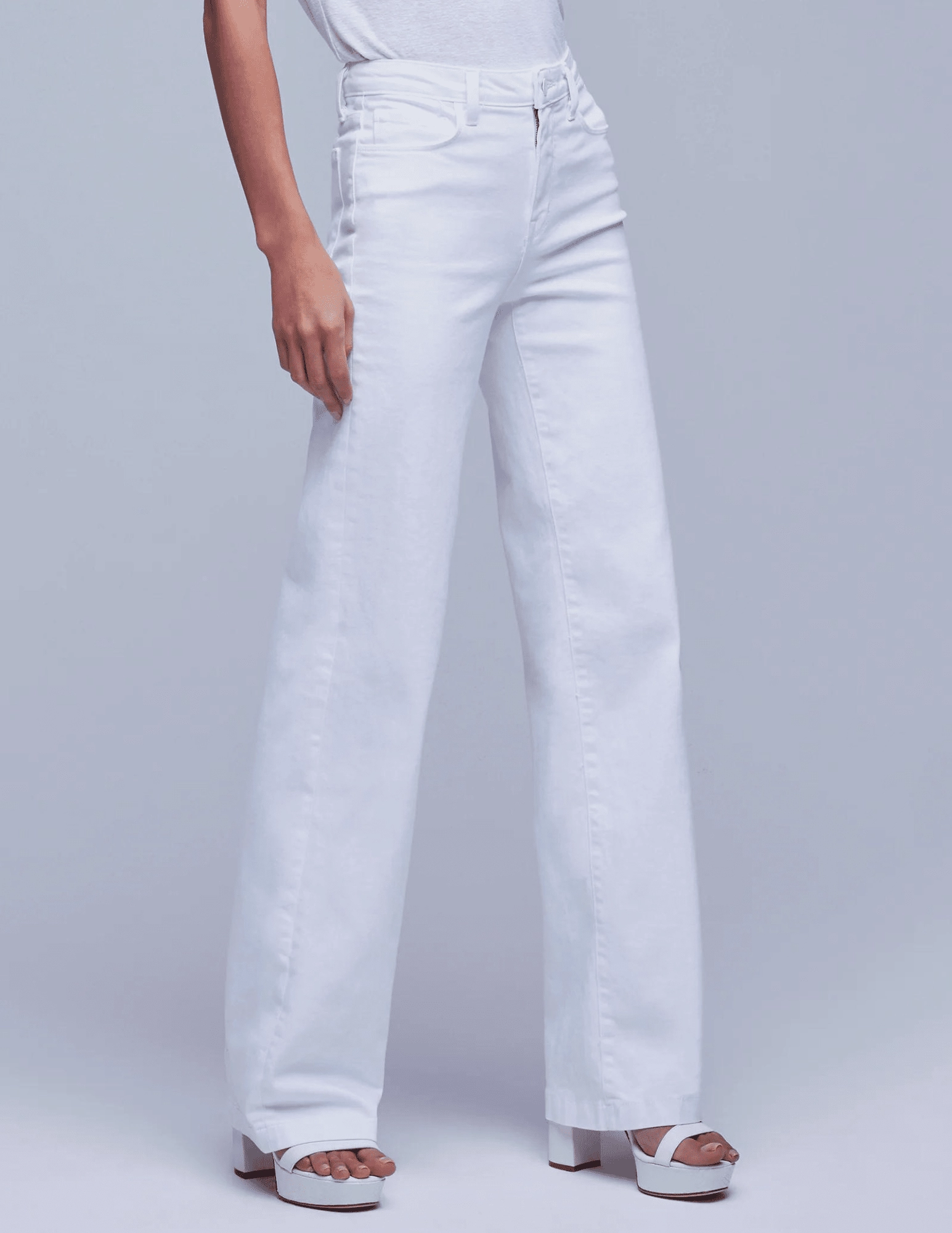 Light Washed L'Agence Clayton High Rise Wide Leg Jean In Blanc In Blanc