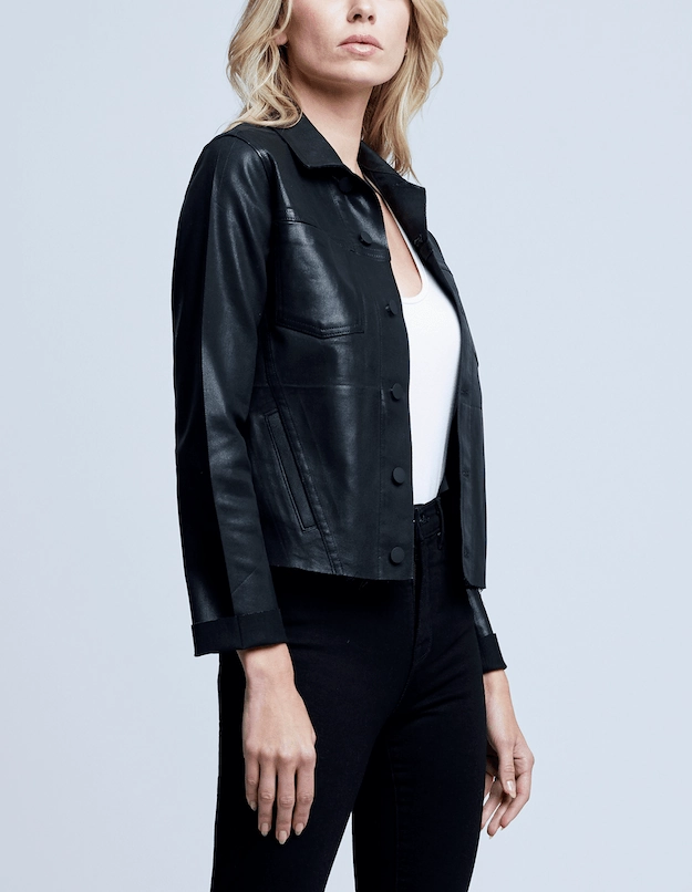 L'AGENCE Janelle Slim Raw Coated Jacket In Saturated Black Coated City Walk Smart Casual Comfort Stretch