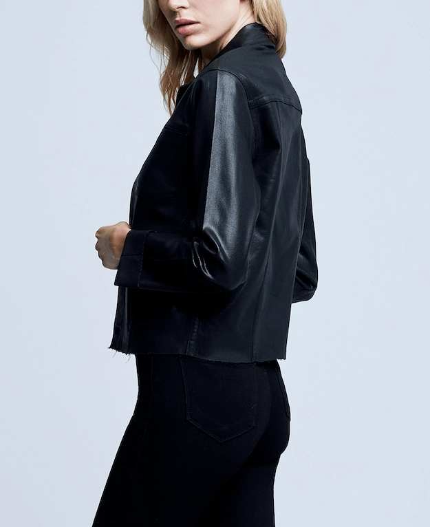 L'AGENCE Janelle Slim Raw Coated Jacket In Saturated Black Coated Office Wear Chill Outfit Date Night All-Purpose Use