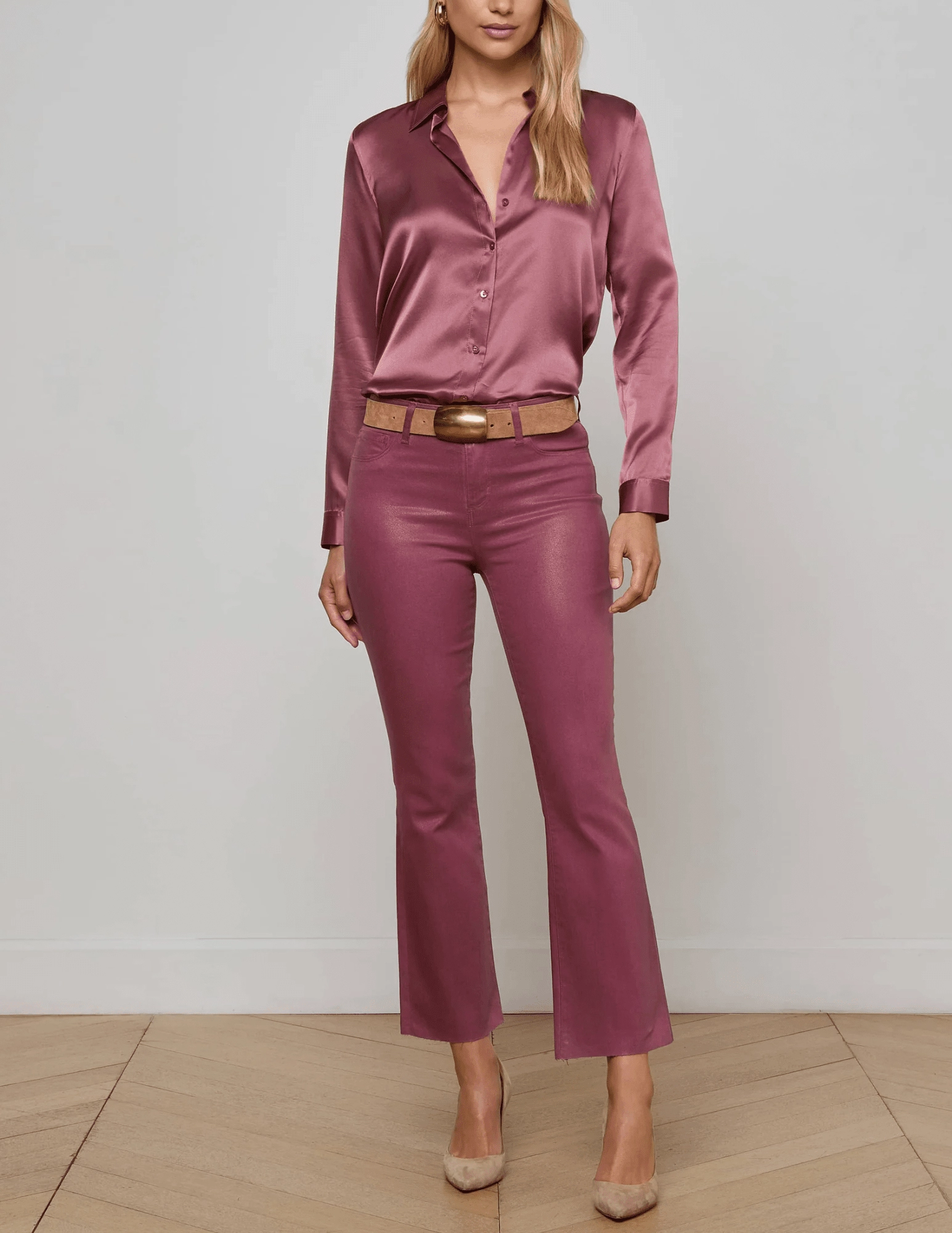 Workday Outfit L'AGENCE Kendra High Rise Cropped Coated Jeans in Deep Mauve