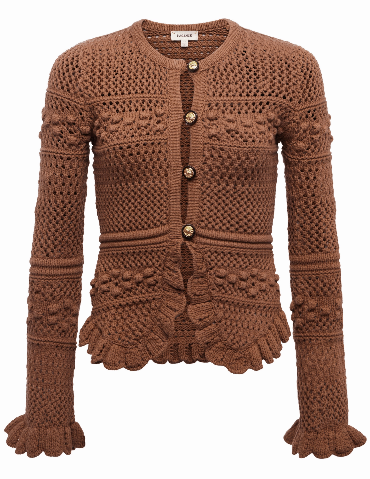 L'AGENCE Kiva Open Stitch Ruffle Cardigan in Dark Cinnamon Warm Fashion