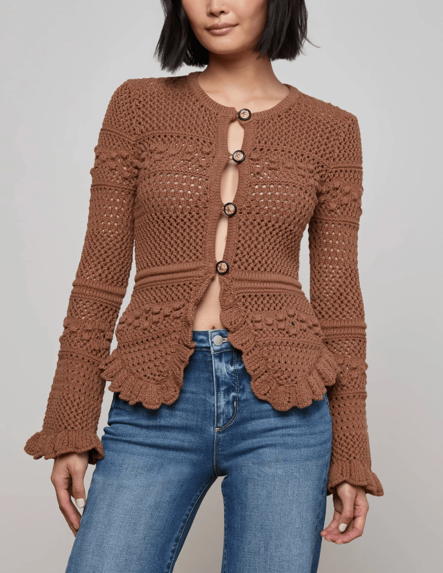 L'AGENCE Kiva Open Stitch Ruffle Cardigan in Dark Cinnamon Lightweight Cable Pattern