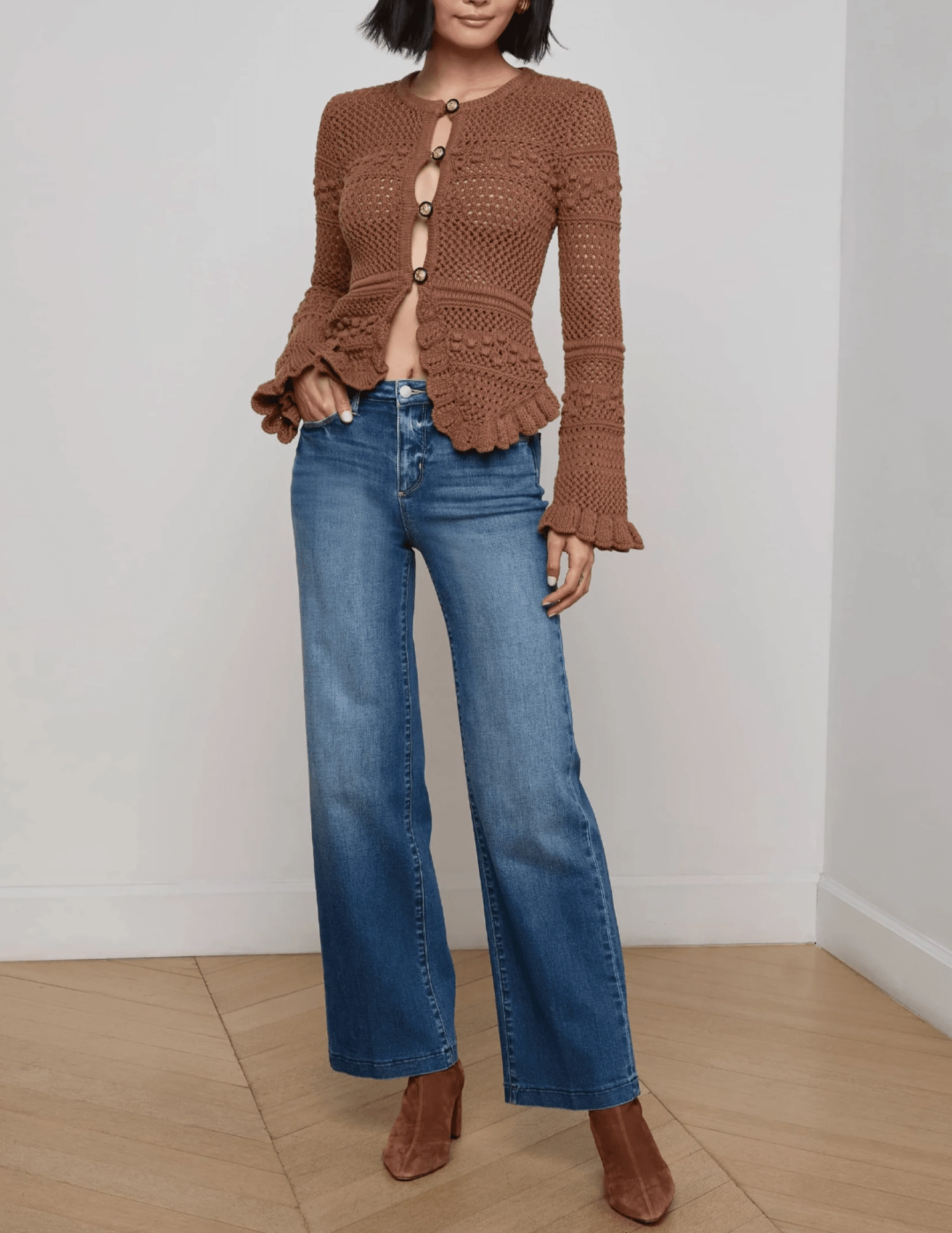 Functional Knit L'AGENCE Kiva Open Stitch Ruffle Cardigan in Dark Cinnamon
