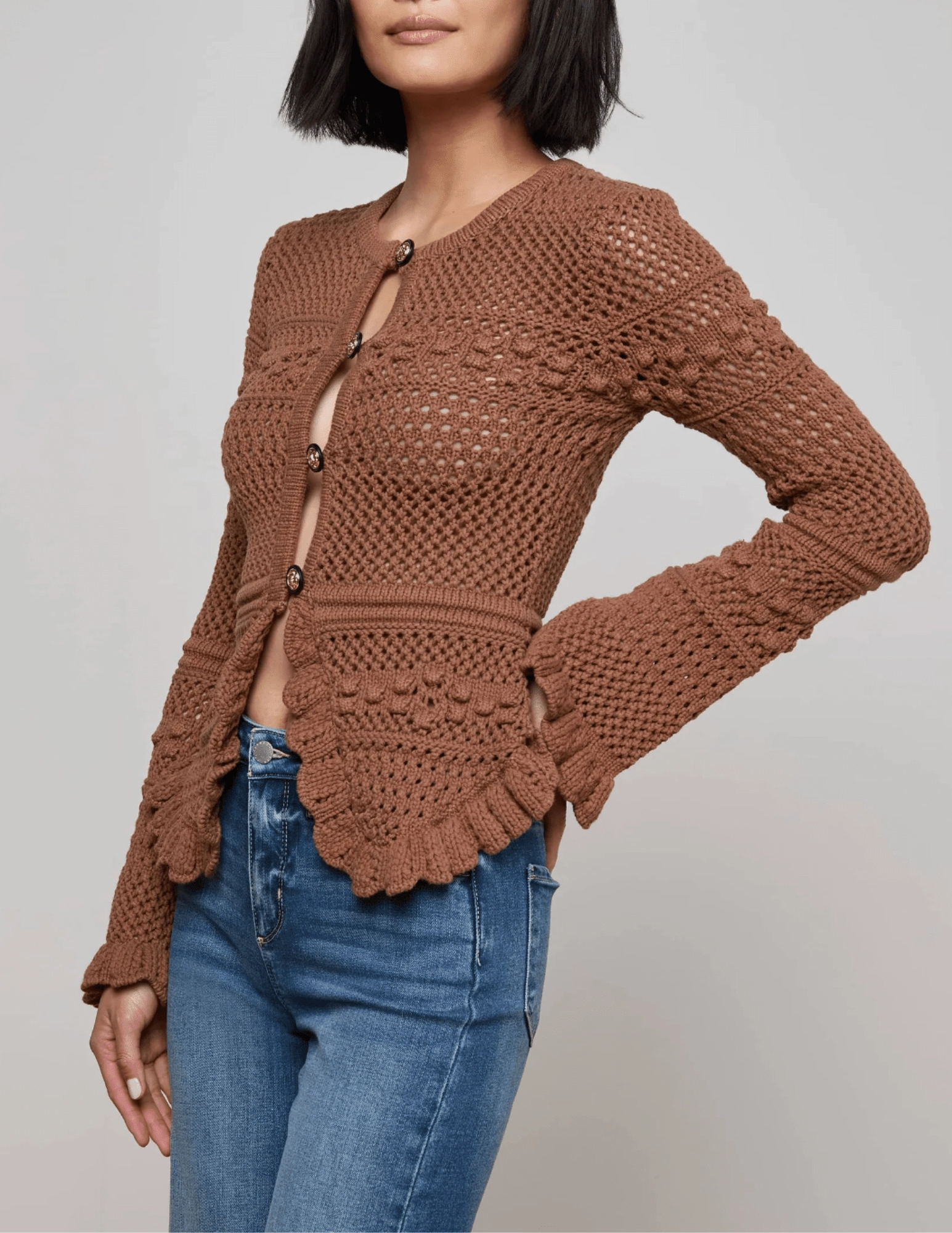 Cozy Fabric L'AGENCE Kiva Open Stitch Ruffle Cardigan in Dark Cinnamon