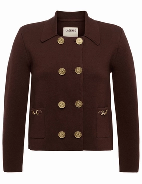 L'AGENCE Madilyn Double Breasted Knit Jacket in Chocolate Gold Perfect Wear