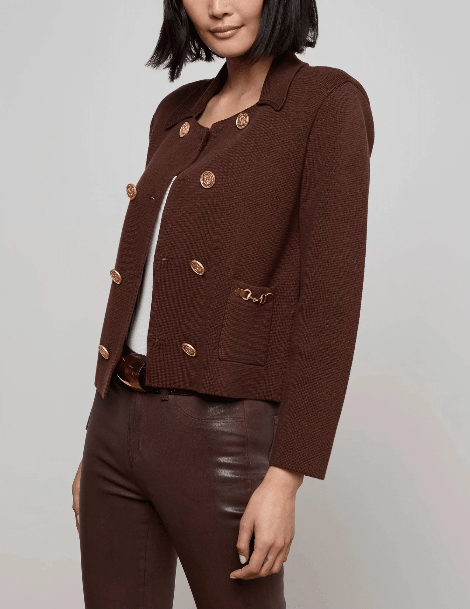 Cozy Vibe L'AGENCE Madilyn Double Breasted Knit Jacket in Chocolate Gold