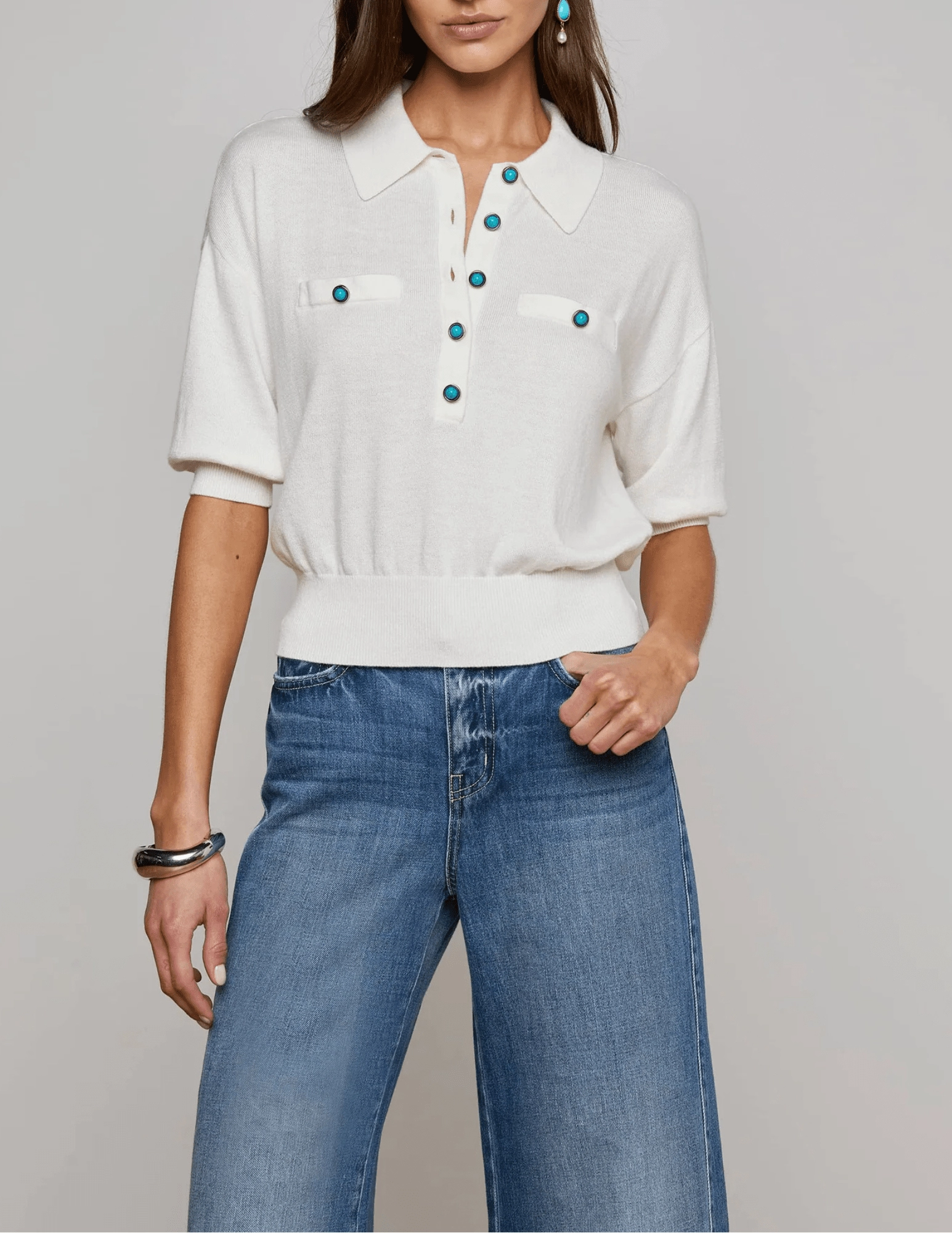 L'AGENCE Masaki Short Sleeve Sweater Subtle Texture Detail Functional Layers