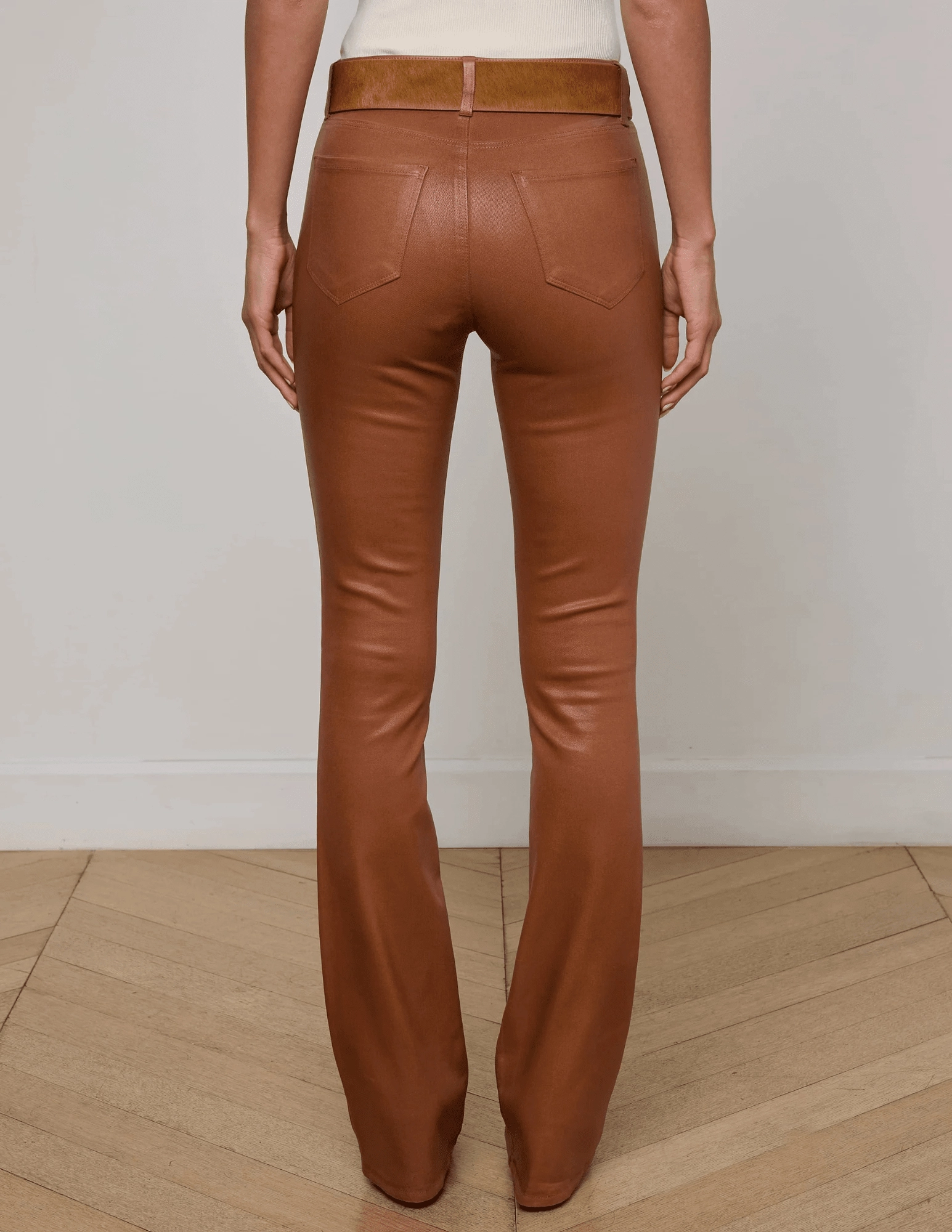 L'AGENCE Selma High Rise Baby Boot-Cut Coated Jeans In Cognac Coated Always Appropriate