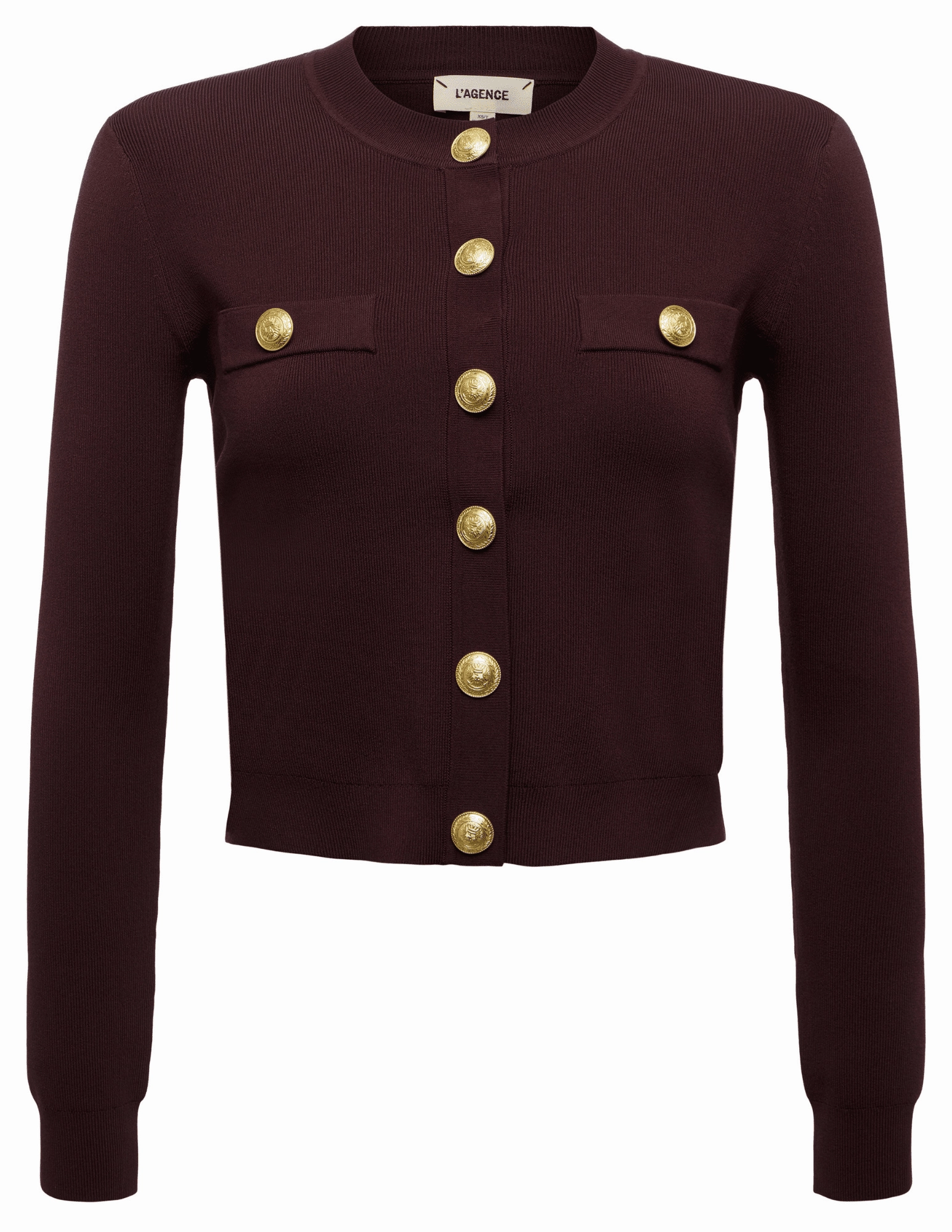 L'AGENCE Toulouse Cropped Crew Neck Cardigan in Chocolate Gold Eco Conscious Packaging