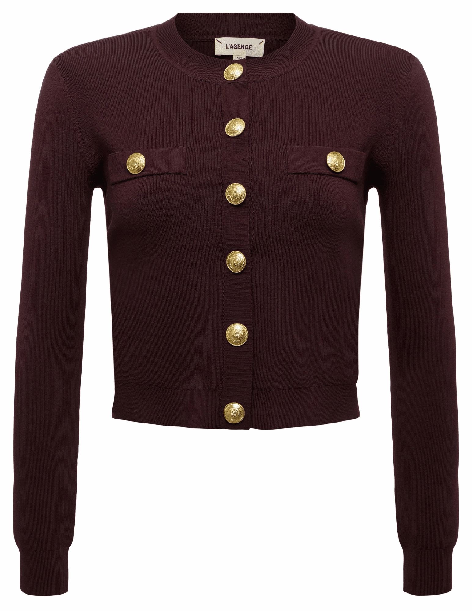 L'AGENCE Toulouse Cropped Crew Neck Cardigan in Chocolate Gold Comfy and Stylish