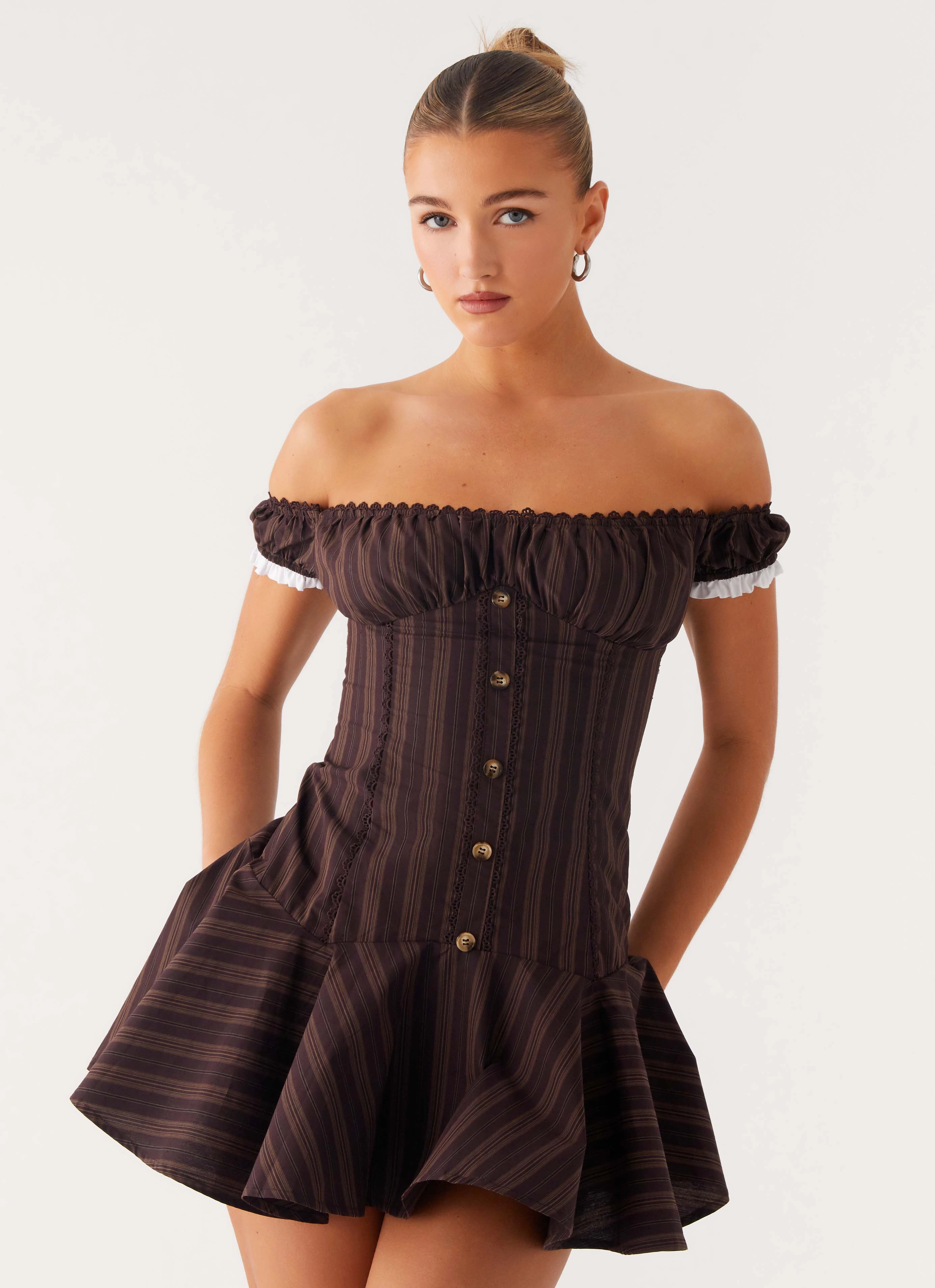 Flattering Style Fit Jumana Off Shoulder Mini Dress - Toffee Stripe