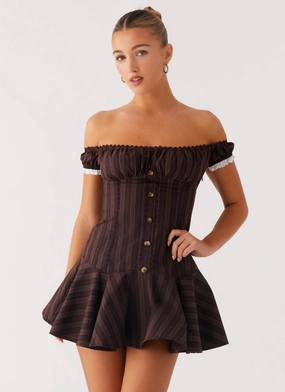 Fitted Design Functional Comfort Jumana Off Shoulder Mini Dress - Toffee Stripe