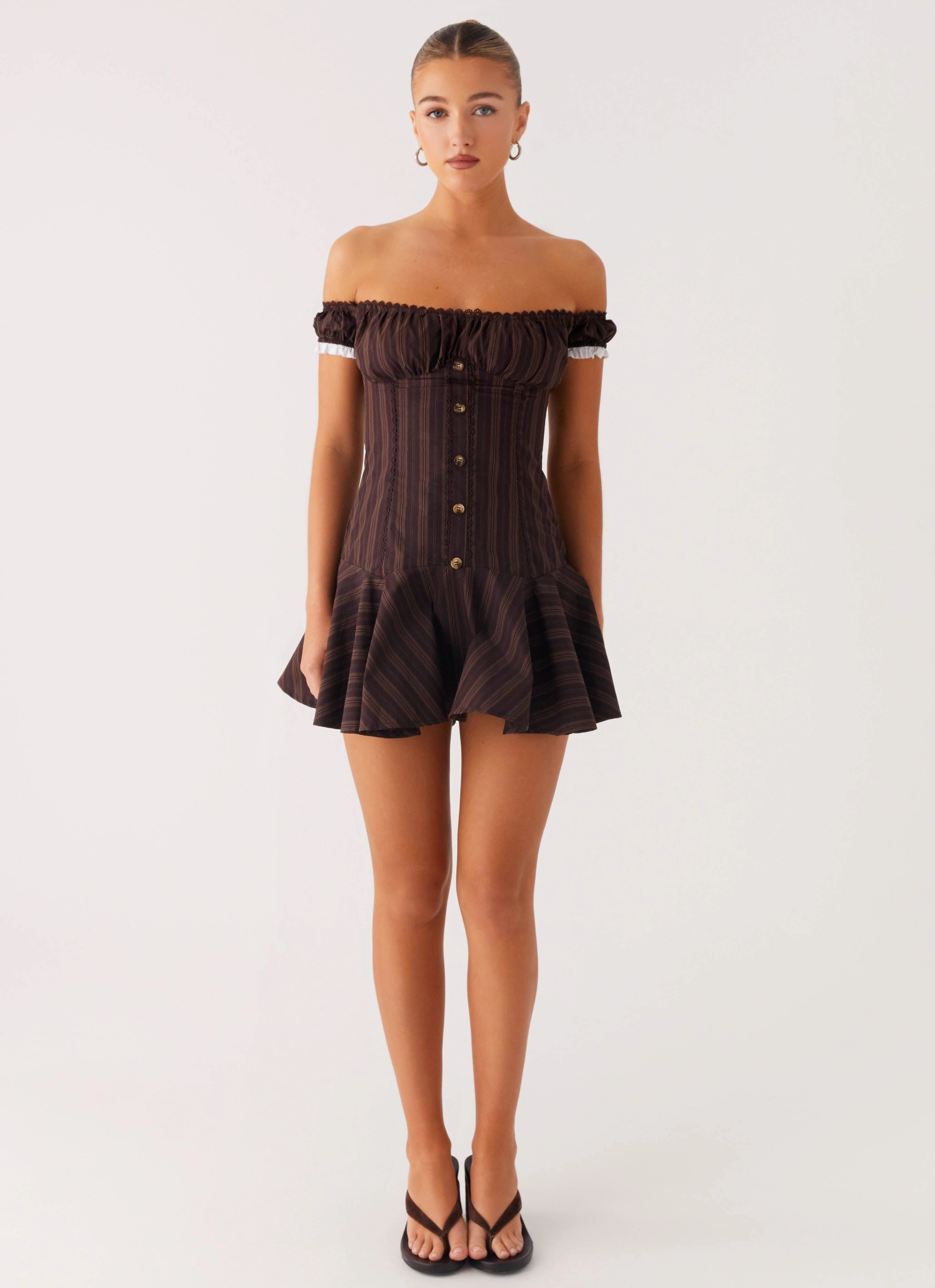 Jumana Off Shoulder Mini Dress - Toffee Stripe Kimono-Sleeve