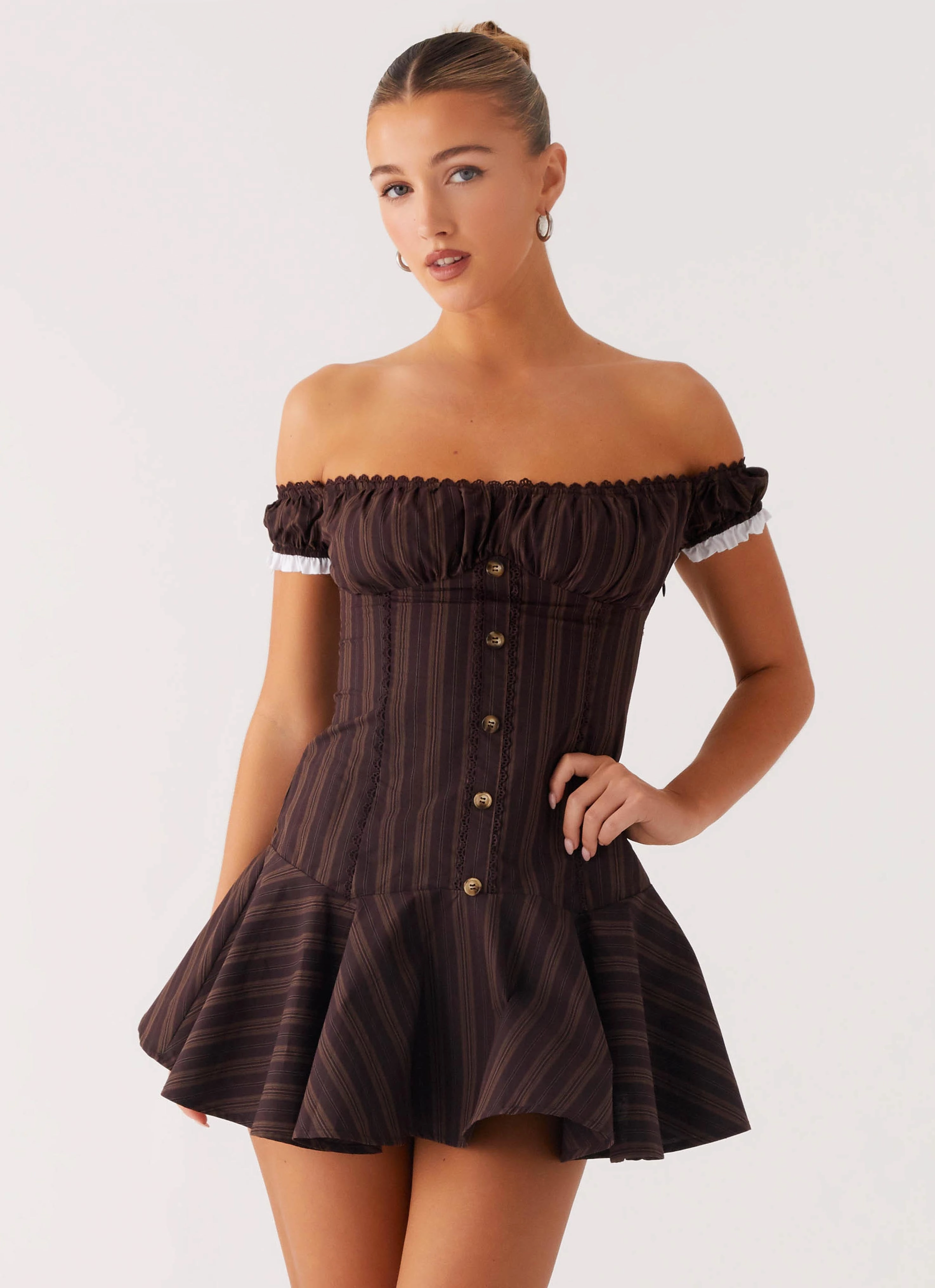 Fitted Design Functional Comfort Jumana Off Shoulder Mini Dress - Toffee Stripe