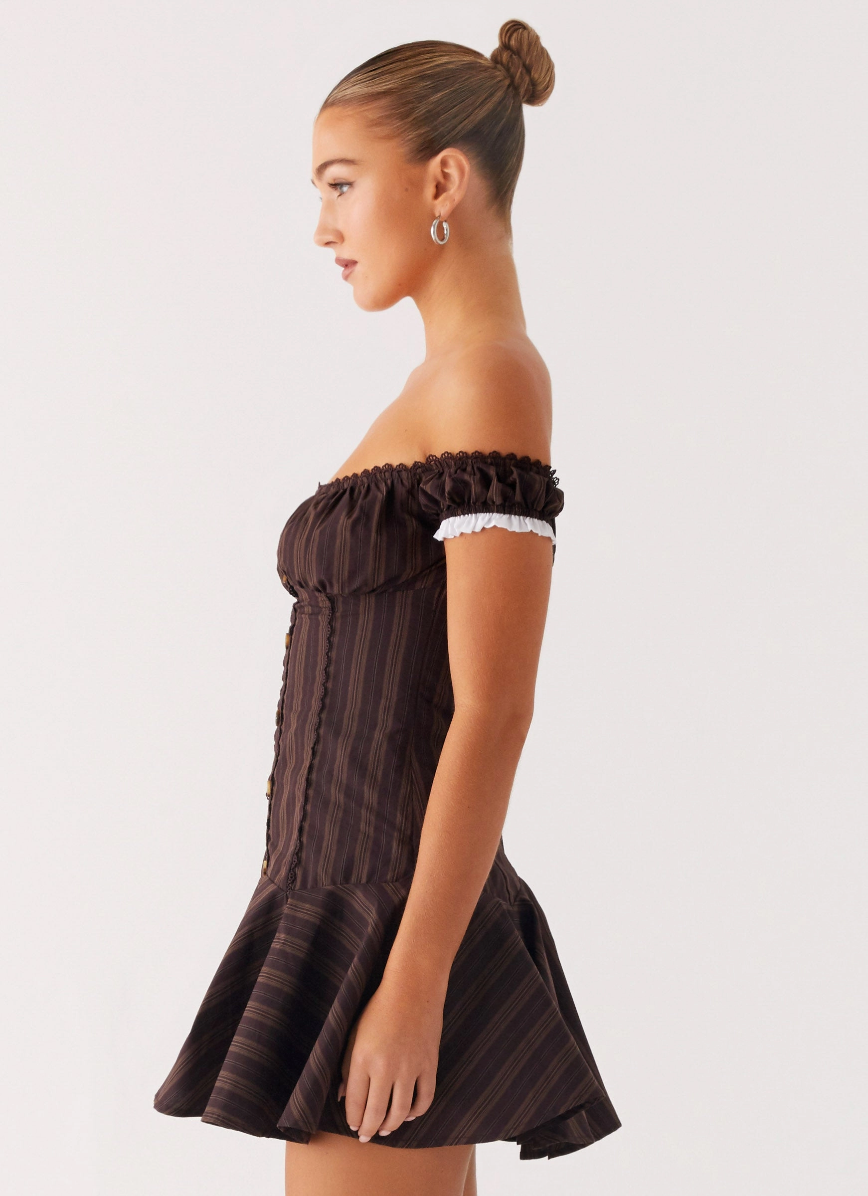 Jumana Off Shoulder Mini Dress - Toffee Stripe Comfortable and Soft Adjustable-Straps