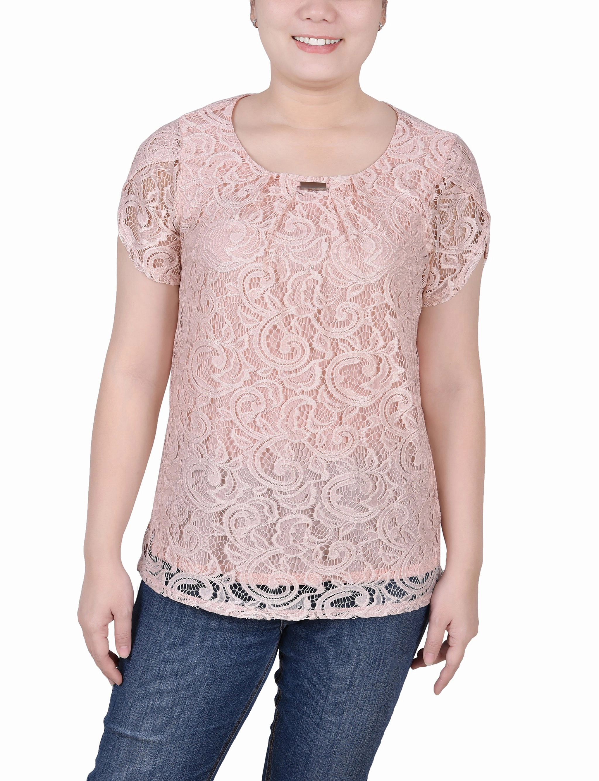 NonRestrictive Cuff Slub Texture Lace Petal Sleeve Top