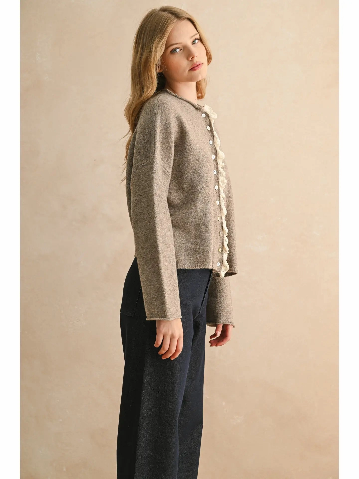 Lace Trim Knitted Cardigan Drop Shoulder Fashion Knit Layer