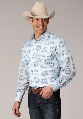 Casual Friday Roper Mens 2066 Multi Floral Blue Cotton Blend L/S Shirt