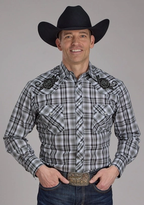 Versatile Layering Piece Roper Mens 2126 Plaid Rose Grey/Black Cotton Blend L/S Shirt