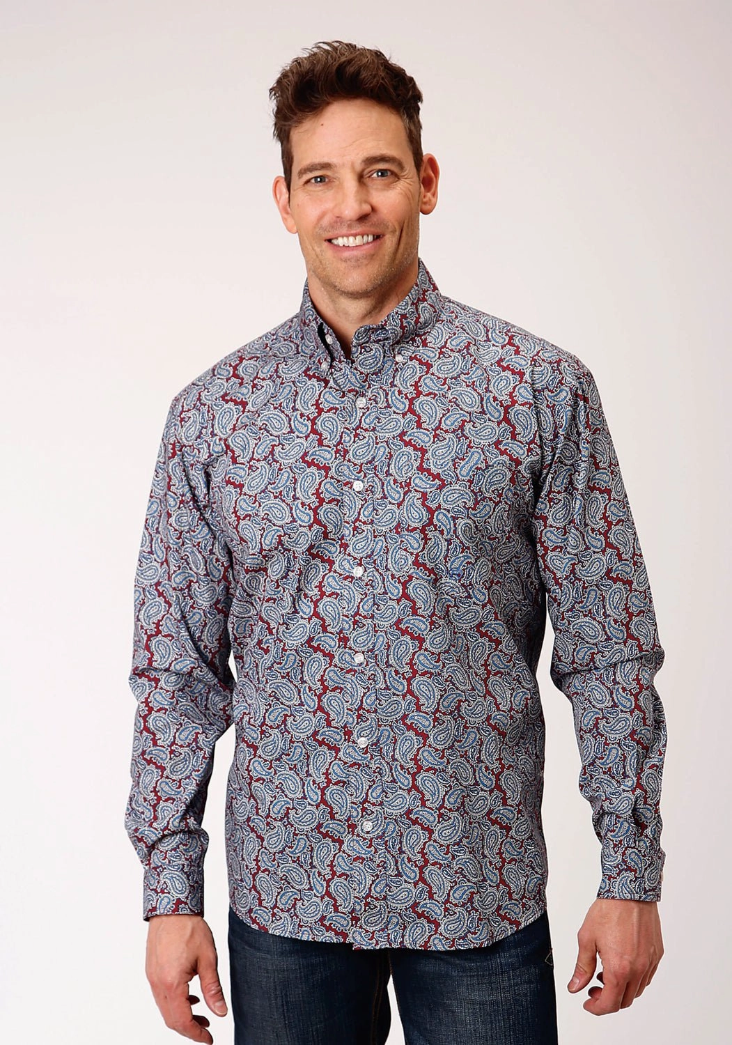 Roper Mens Wine 100% Cotton Liberty Paisley BD L/S 1 Pkt Shirt Moisture wicking