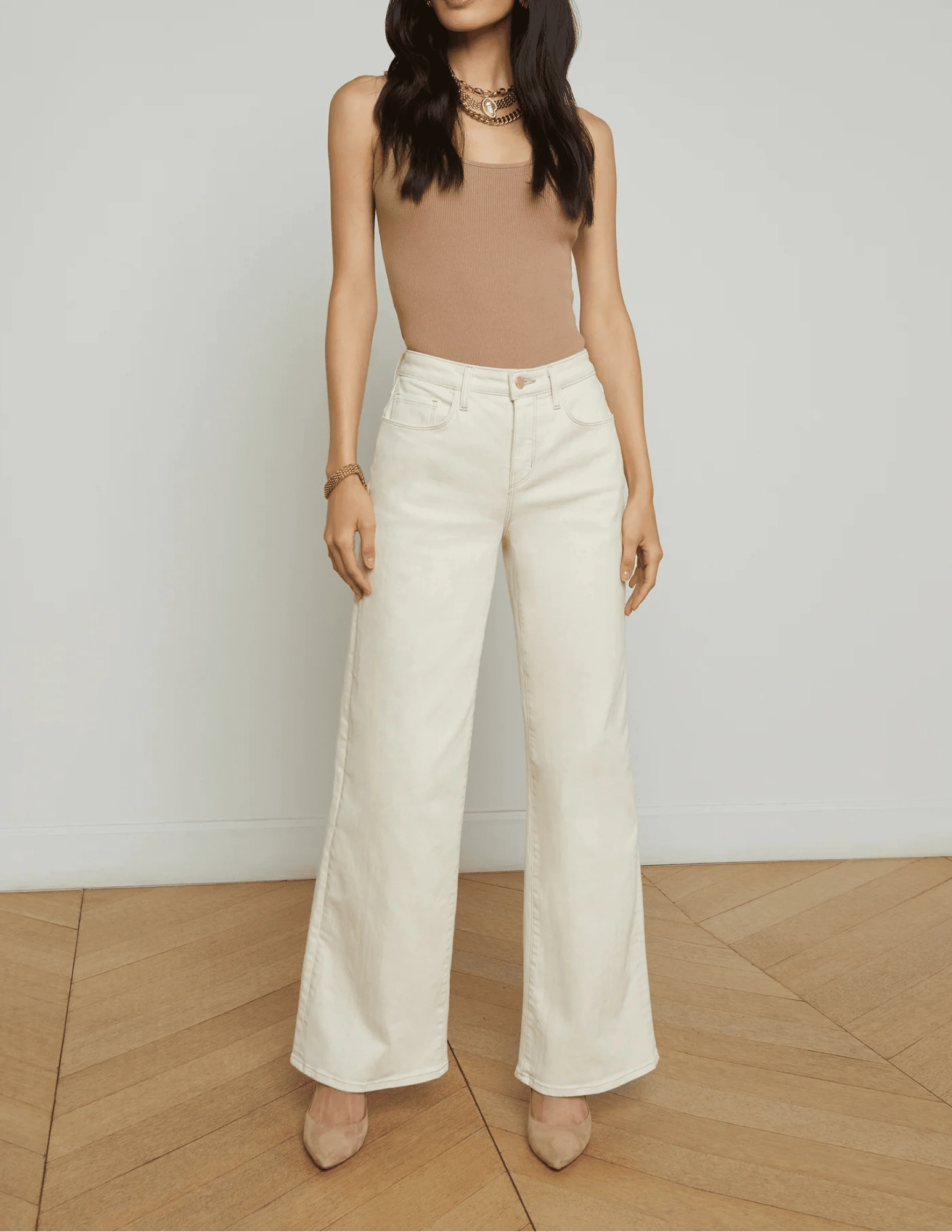 Vintage Inspired Weave Basic Outfit LAGENCE Alicent High Rise Wide Leg Crop Jeans in Macadamia