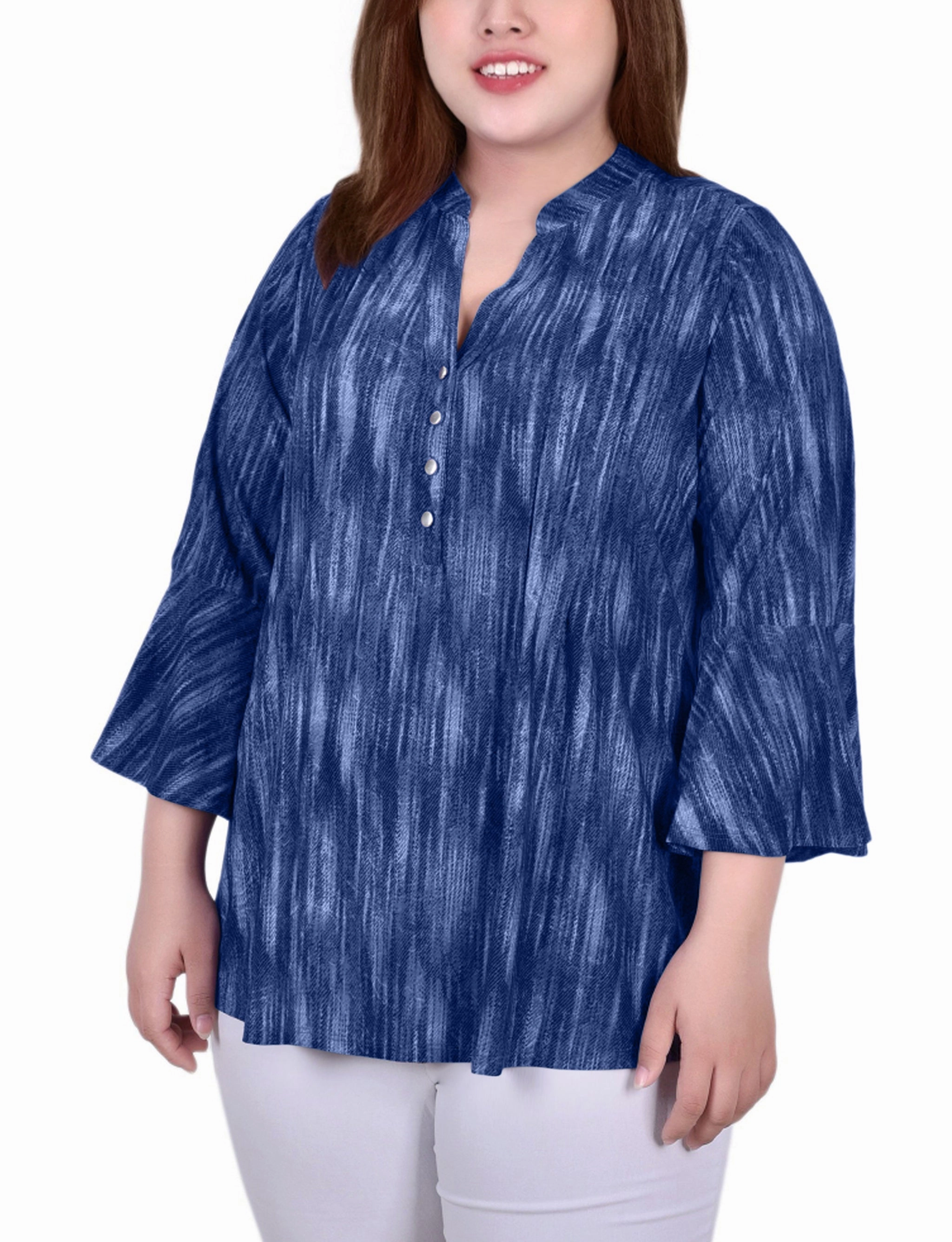 Plus Size 3/4 Bell Sleeve Pleat Front Y Neck Top Comfortable Design Tailored Fit