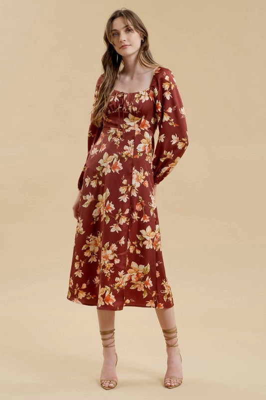 LAURIE FLORAL LONG SLEEVE SPLIT THIGH MIDI DRESS Elegant evening wear Everyday Ready