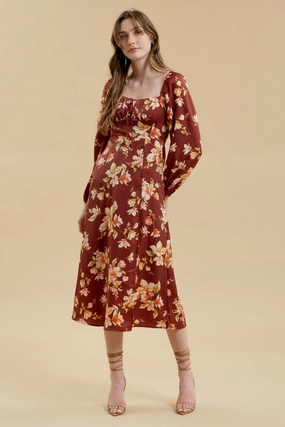 Layered-Sleeve Comfy Shape LAURIE FLORAL LONG SLEEVE SPLIT THIGH MIDI DRESS