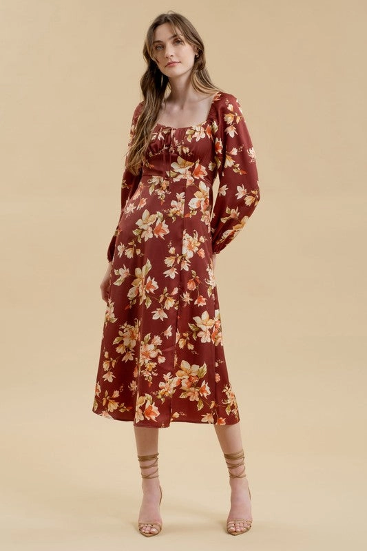 Layered-Sleeve Comfy Shape LAURIE FLORAL LONG SLEEVE SPLIT THIGH MIDI DRESS