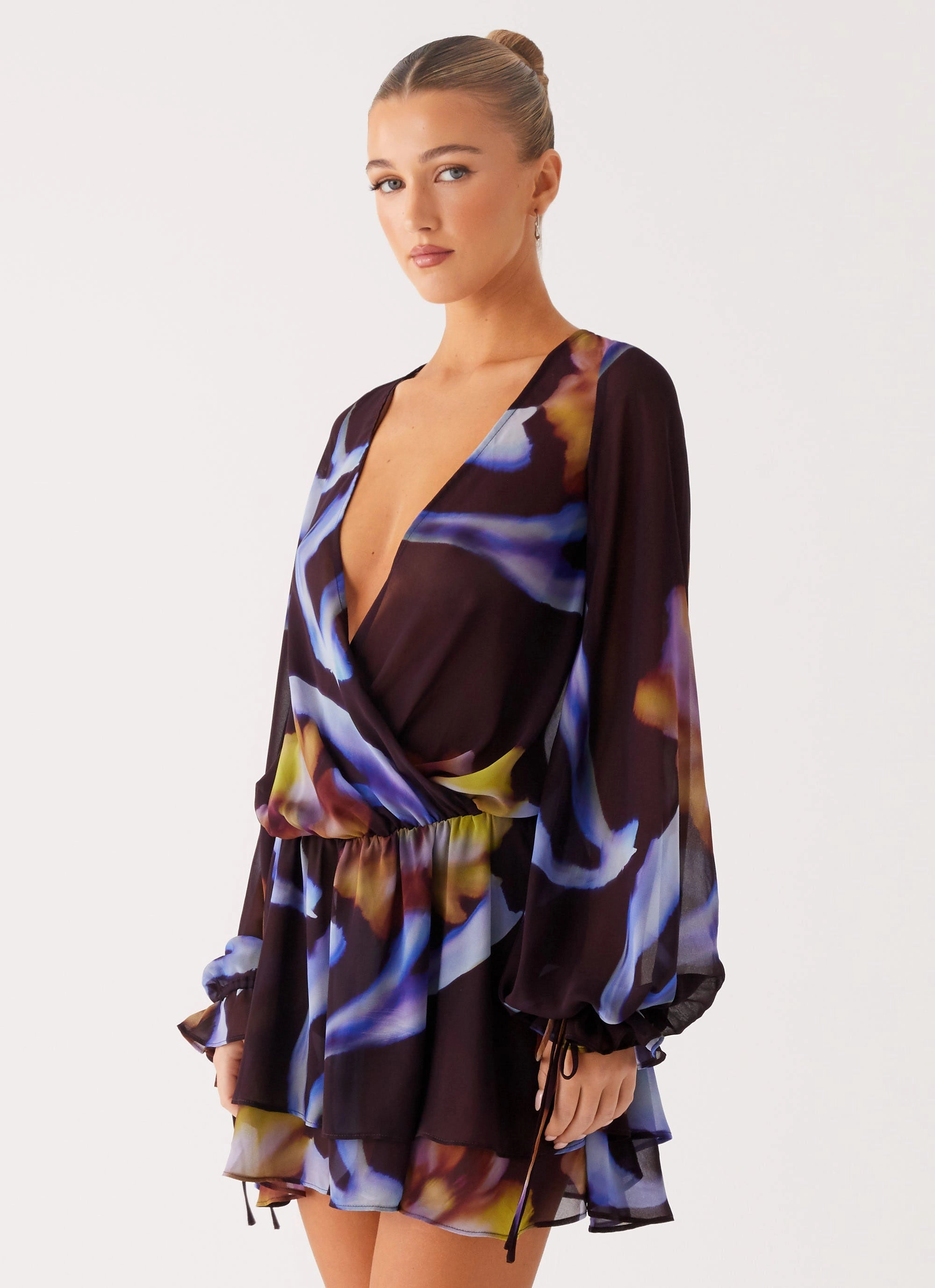 Passion Long Sleeve Mini Dress - Dark Floral Warm Base Tailored-fit