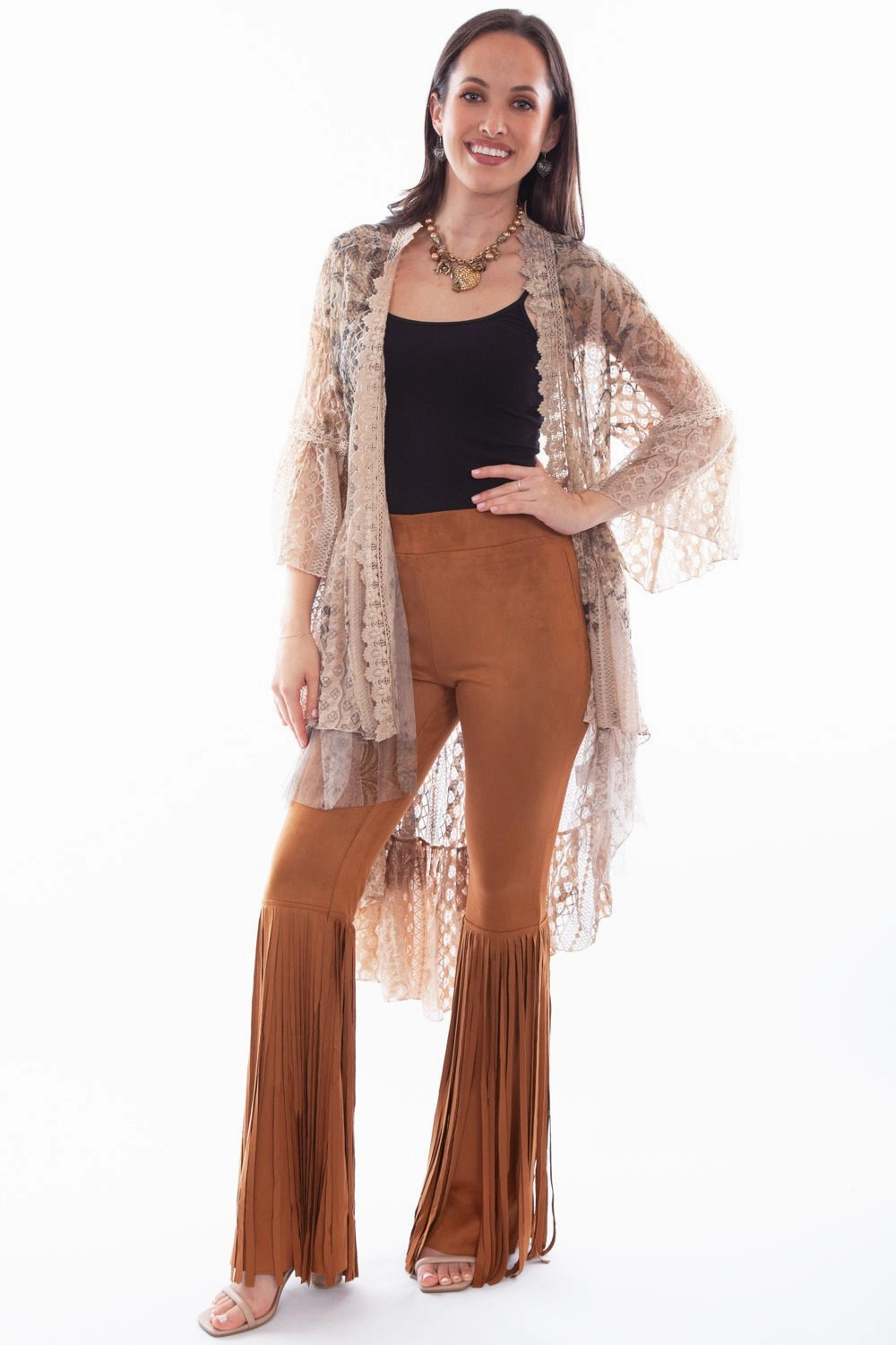 Scully Womens Taupe Nylon Printed Lace Cardigan Soft comfort layer Anti Pilling