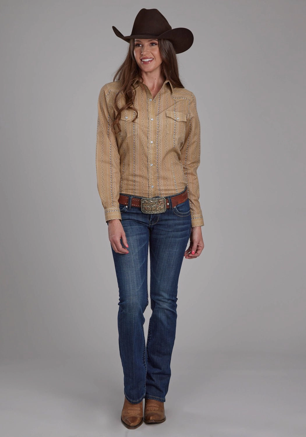 Roper Womens 2283 Wallpaper Tan/Navy Cotton Blend L/S Shirt Neutral Toned Stitching