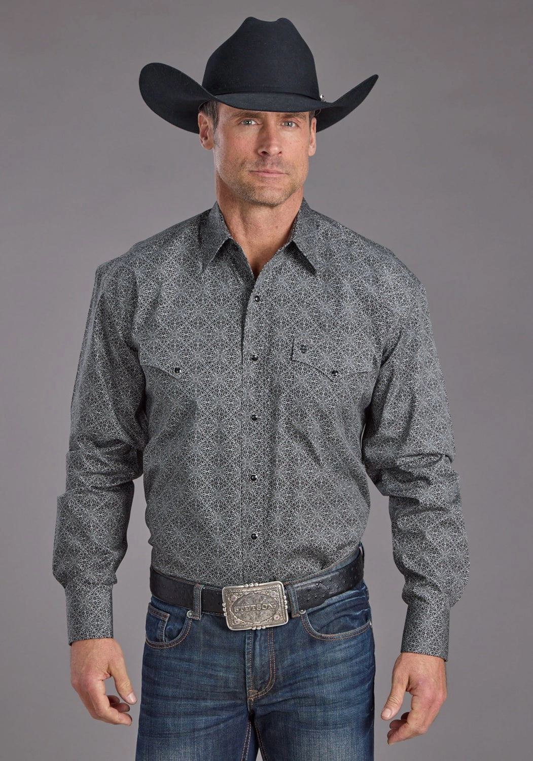 Stetson Mens 2237 Iron Filigree Grey 100% Cotton L/S Shirt Beach Ready